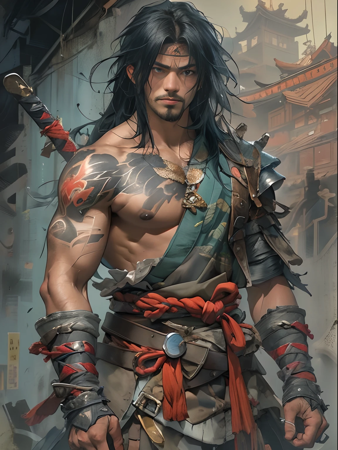 (((mtu))), (((best qualityer))), (((tmasterpiece))), (((AS-Adult))), ((( Japanese ))), Look up from your knees, Handsome Asian samurai,perfect body figure, Modern samurai, ((( Asian))), Wear gloves on your hands,The left arm is made of steel and metal tips,Made of protective devices, The eyes are pulled, (( Appears below the chest )), (( Small dental floss )), Simon Bisley, Almost naked(Simon Bisley)Castle City Wilderness,For high-resolution posters, hair straight, Minimum clothing, armure (Crazy clothes ), Full of tips and rivets, tribal tattoos, (((full bodyesbian))), Straight brunette hair,Colored hair ends