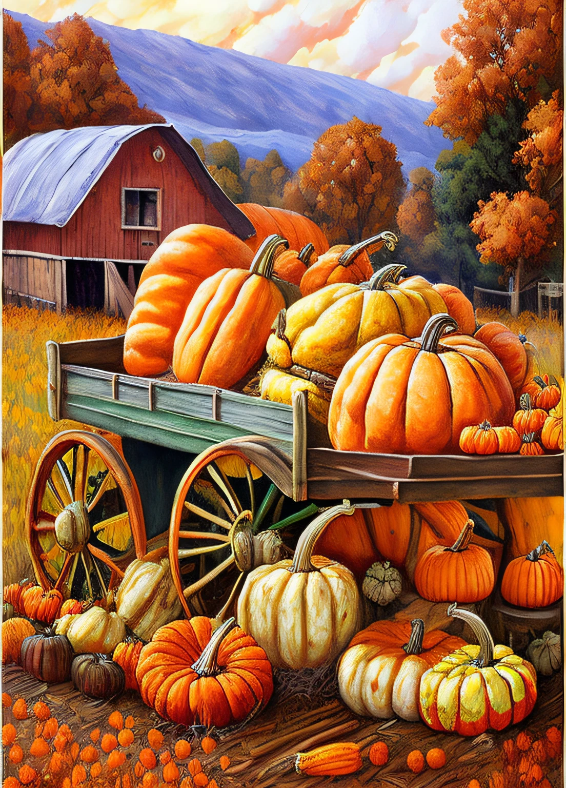 painting of a wagon full of pumpkins and squash in a field, harvest fall vibrancy, harvest fall vibrance, pumpkin patch, pumpkin farm background, carriage made of pumpkins, autumn season, pumpkins, harvest, 1 6 x 1 6, 3 2 x 3 2, fall season, by Randy Gallegos, autumn field, fall vibrancy, inspired by Terry Redlin