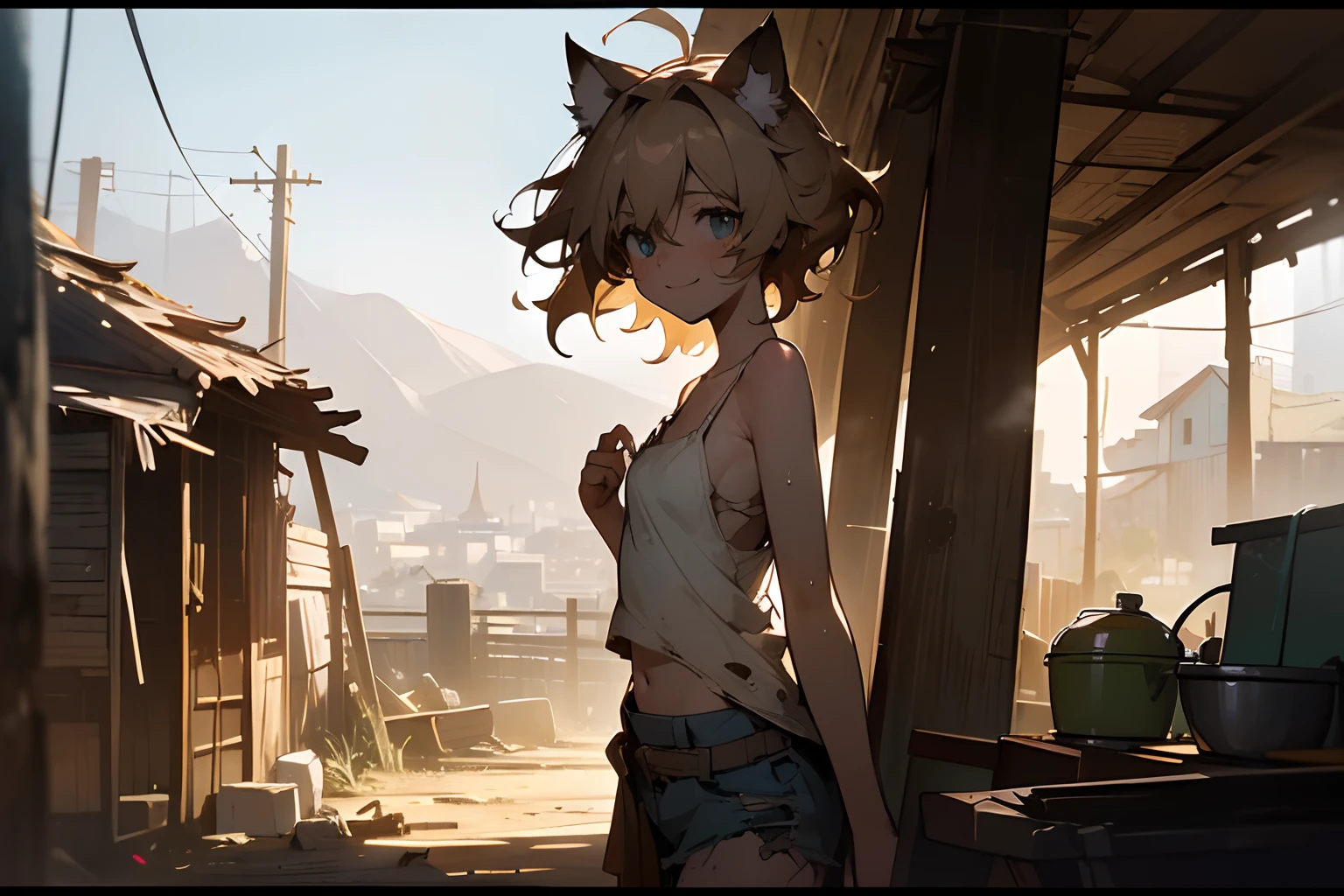 ((Masterpiece)), 8K, from portrait, cinematic lighting, (very messy hair, walking relax, Hut over the distant hill), (sweaty, exposed breast, tattered and torn dirty white-camisole, Slender small breasts, smile and eyes-close), slum townscape, Textured skin, cat ears, light brown hair, Cute Beautiful girl, hot sunny day