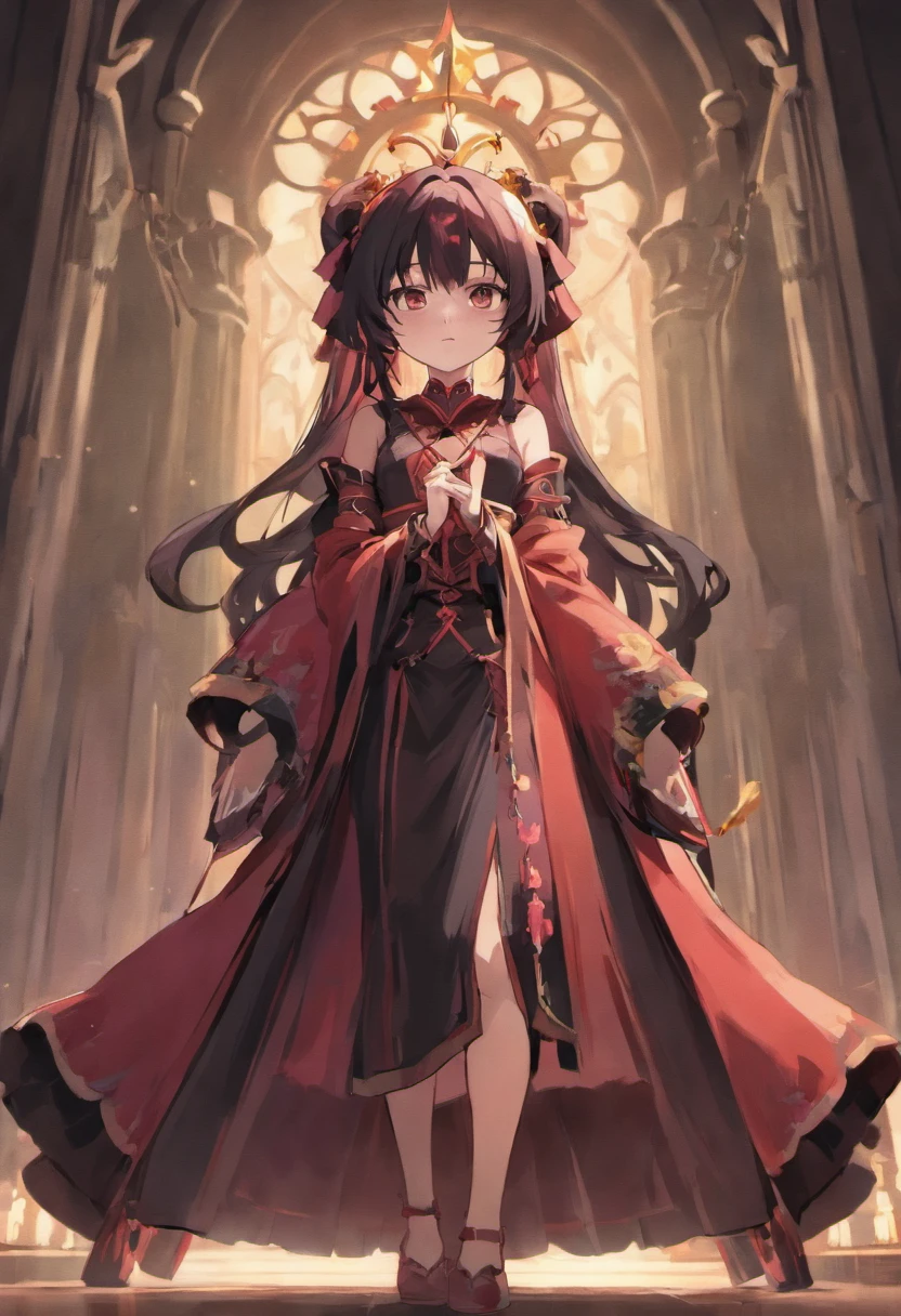 (SENSE OF CINEMA)Loli body type,Juvenile,Wear a wide and solemn robe,Long dark and silky hair,red - eyed, The main colors of the garment are black and crimson,timid, cat ear, effeminate, obedient ,solemn,Religious dress in medieval style,The main color of the costume is black