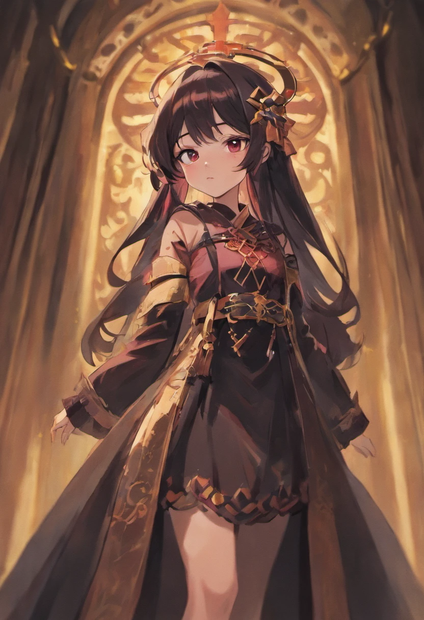 （SENSE OF CINEMA）Loli body type，Juvenile，Wear a wide and solemn robe，Long dark and silky hair，red - eyed， The main colors of the garment are black and crimson，timid， cat ear， effeminate， obedient ，solemn，Religious dress in medieval style，The main color of the costume is black