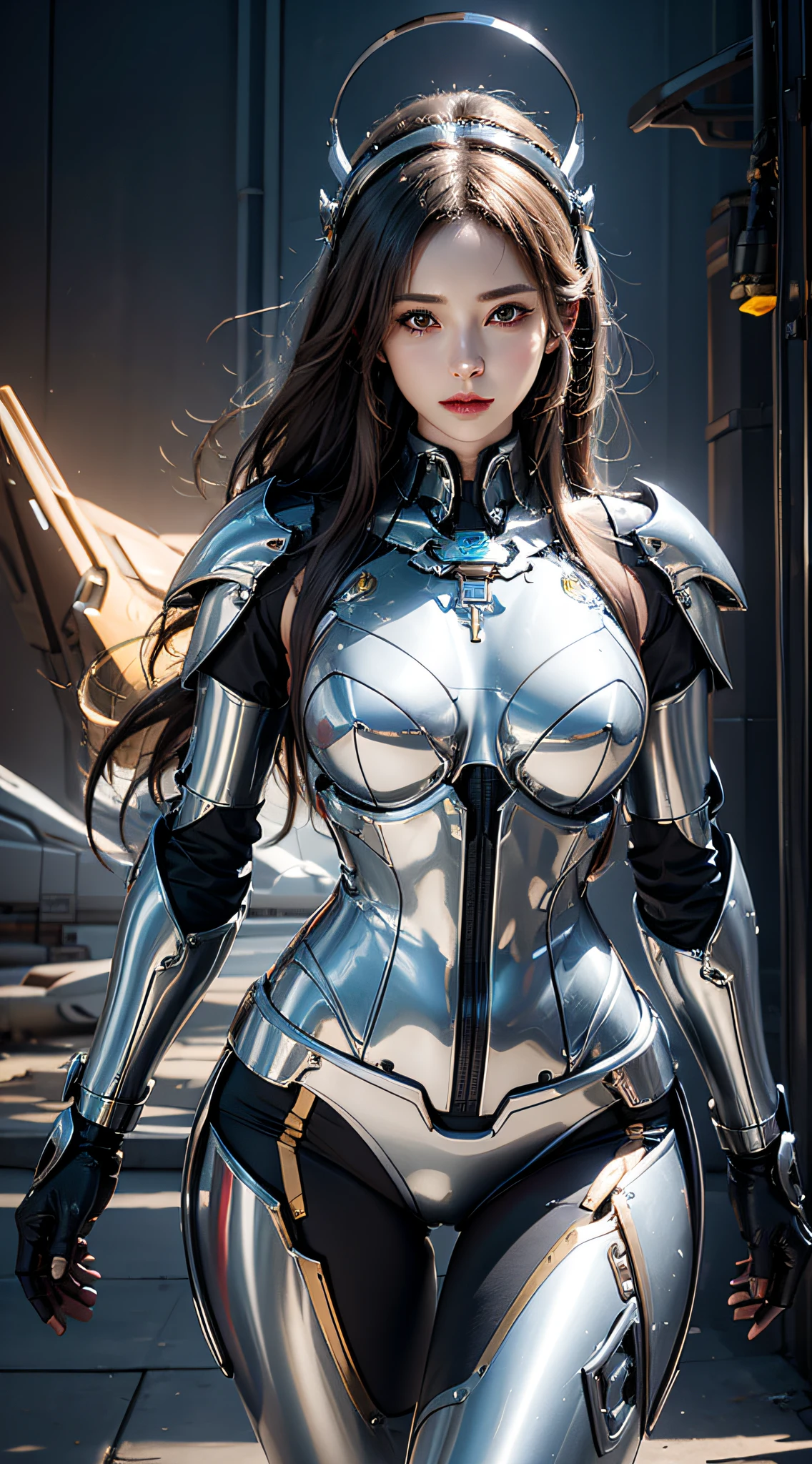 photorealistic, high resolution, 1women, mature female, solo, hips up, robot, mecha musume,mechanical parts, robot joints,single mechanical arm, headgear, mechanical halo,star halo,intricate mechanical bodysuit, mecha corset, full armor, white mecha body