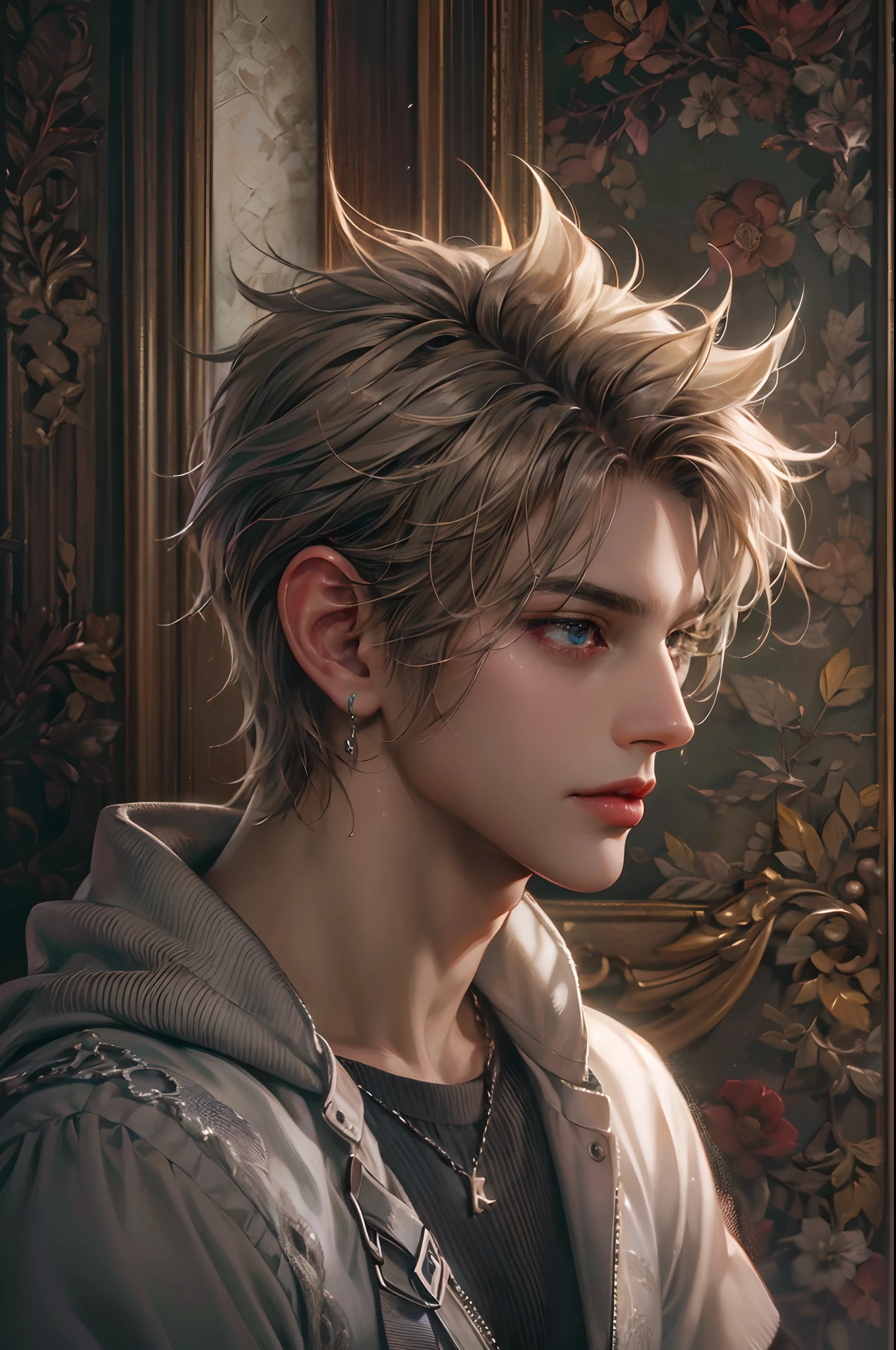 (absurdres, highres, ultra detailed, HDR), masterpiece, best quality, Final Fantasy 7, short hair, handsome face, anime eyes, detailed interior, detailed character