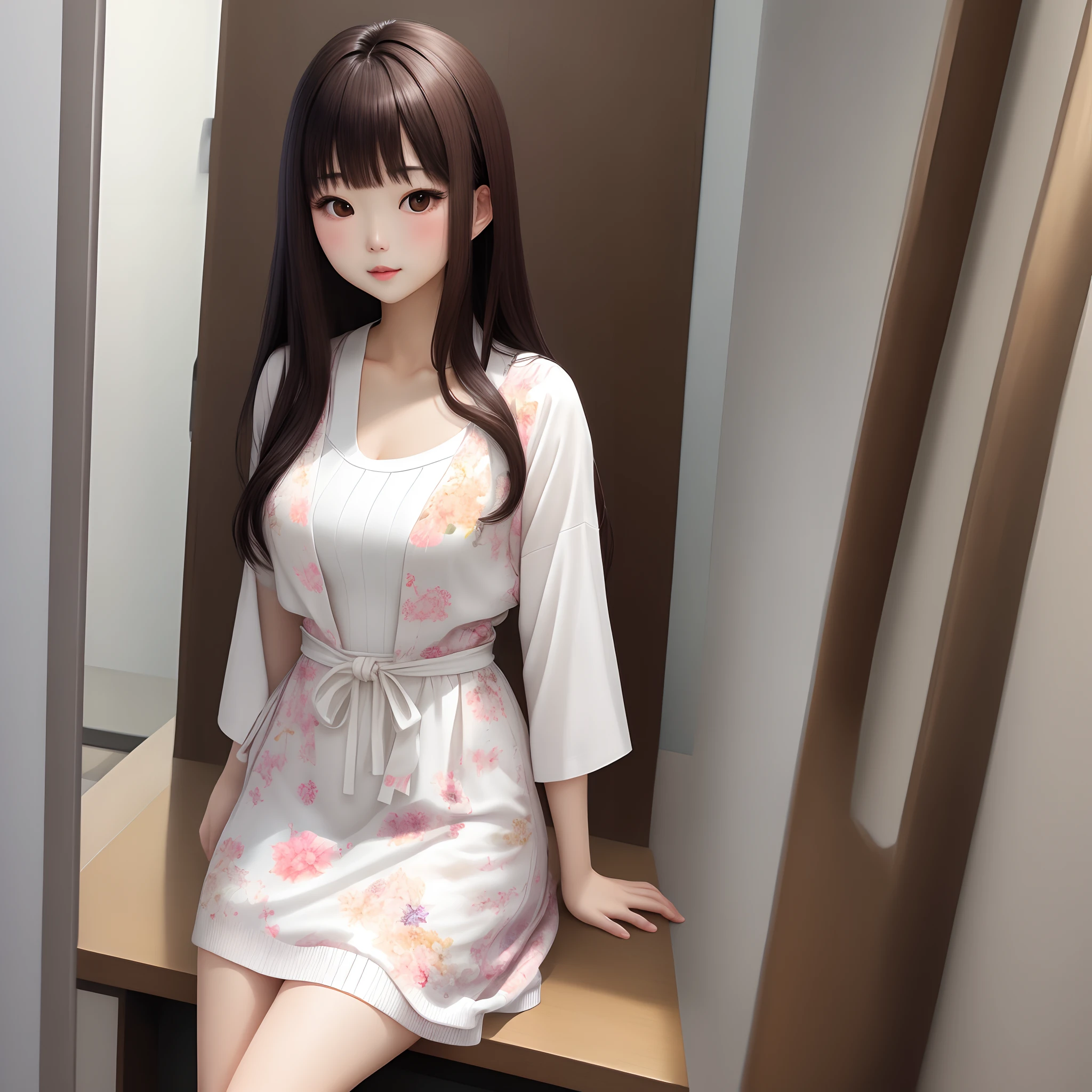 Japanese girl, long dark brown hair and neat bangs. wearing a floral white dress that shape body and a crop cardigan. rimless minus glasess