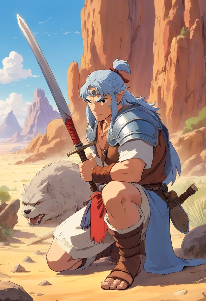 Man with a sword kneeling in a desert area, Berserker Barbarian Portrait, image of an adult male warrior, barbarian warrior, barbarian, Barbarian Class, Berserker Potrait, Goliath Painting, Direction: Tadeusz Pruszkówski, illustration of Viking warrior, barbarian celebrate his birthday , Director: Ludwik Konarzewski Jr