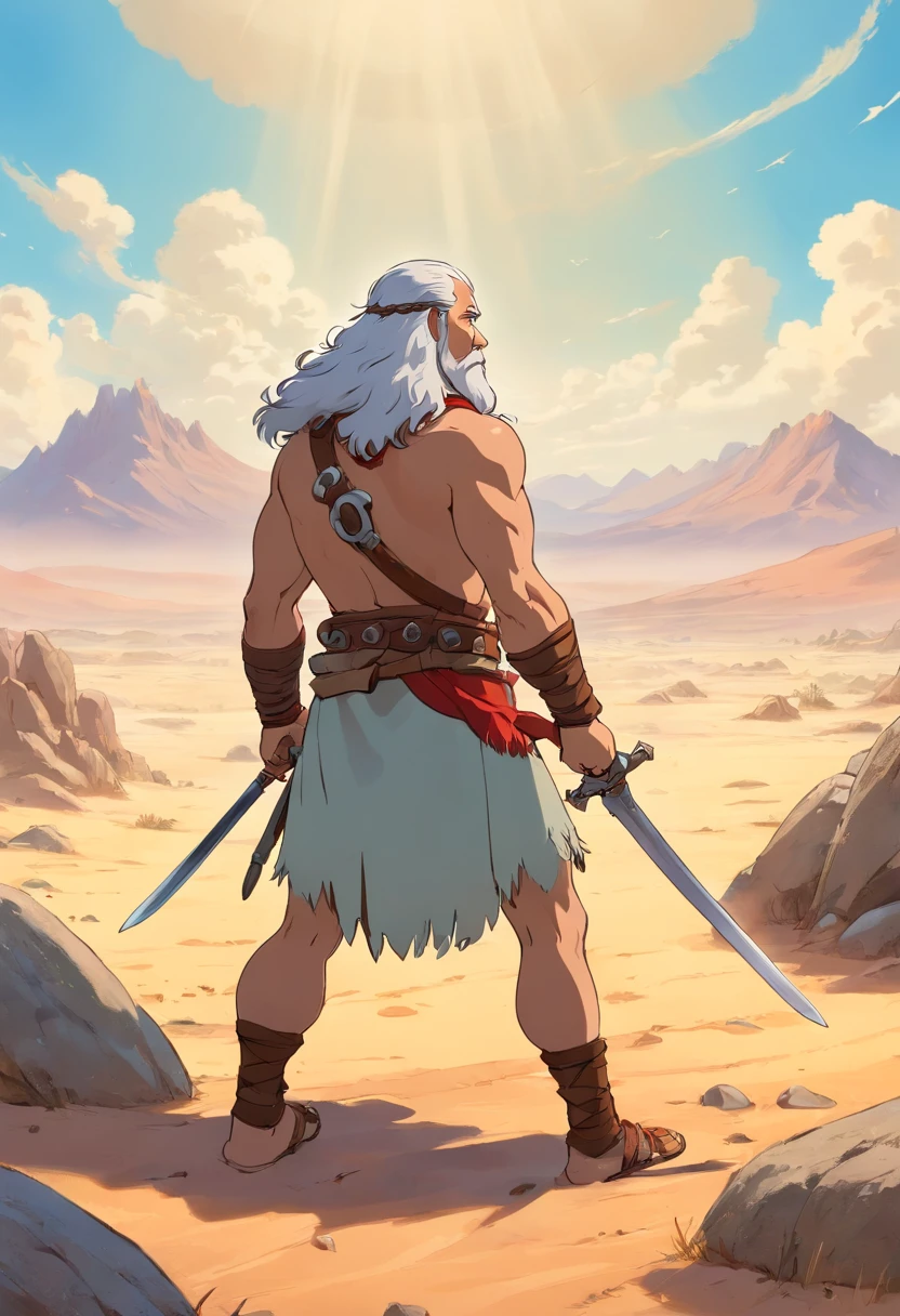 Man with a sword kneeling in a desert area, Berserker Barbarian Portrait, image of an adult male warrior, barbarian warrior, barbarian, Barbarian Class, Berserker Potrait, Goliath Painting, Direction: Tadeusz Pruszkówski, illustration of Viking warrior, barbarian celebrate his birthday , Director: Ludwik Konarzewski Jr