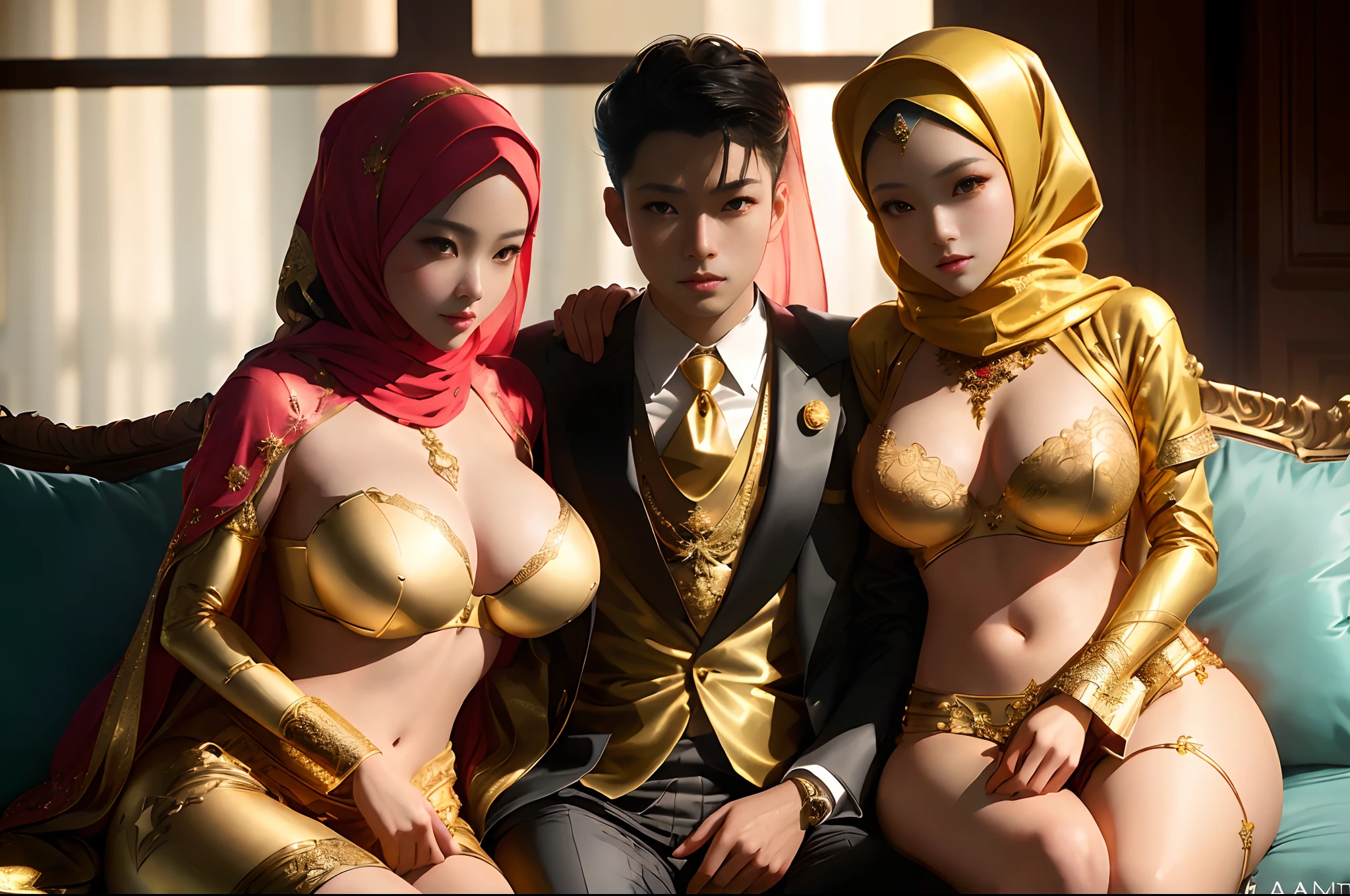 there are three people dressed in gold and red posing for a picture, three futuristic princes, range murata and artgerm, artwork in the style of guweiz, official fanart, harem, high quality fanart, in the style of ross tran, highly detailed exquisite fanart, & jeehyung lee & wlop, ross tran and bayard wu, hijab