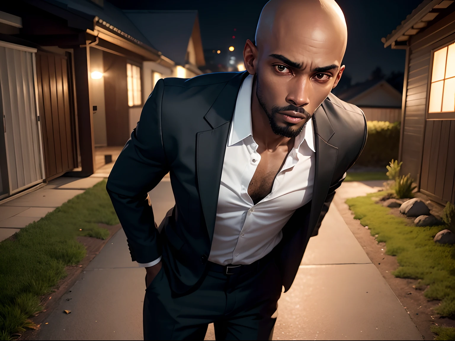 realistic 8k image of a 25 year old black man, very thin, bald, dressed in a black blazer and a white blouse underneath, scared expression, standing in the back yard at night, night party in the back of a house