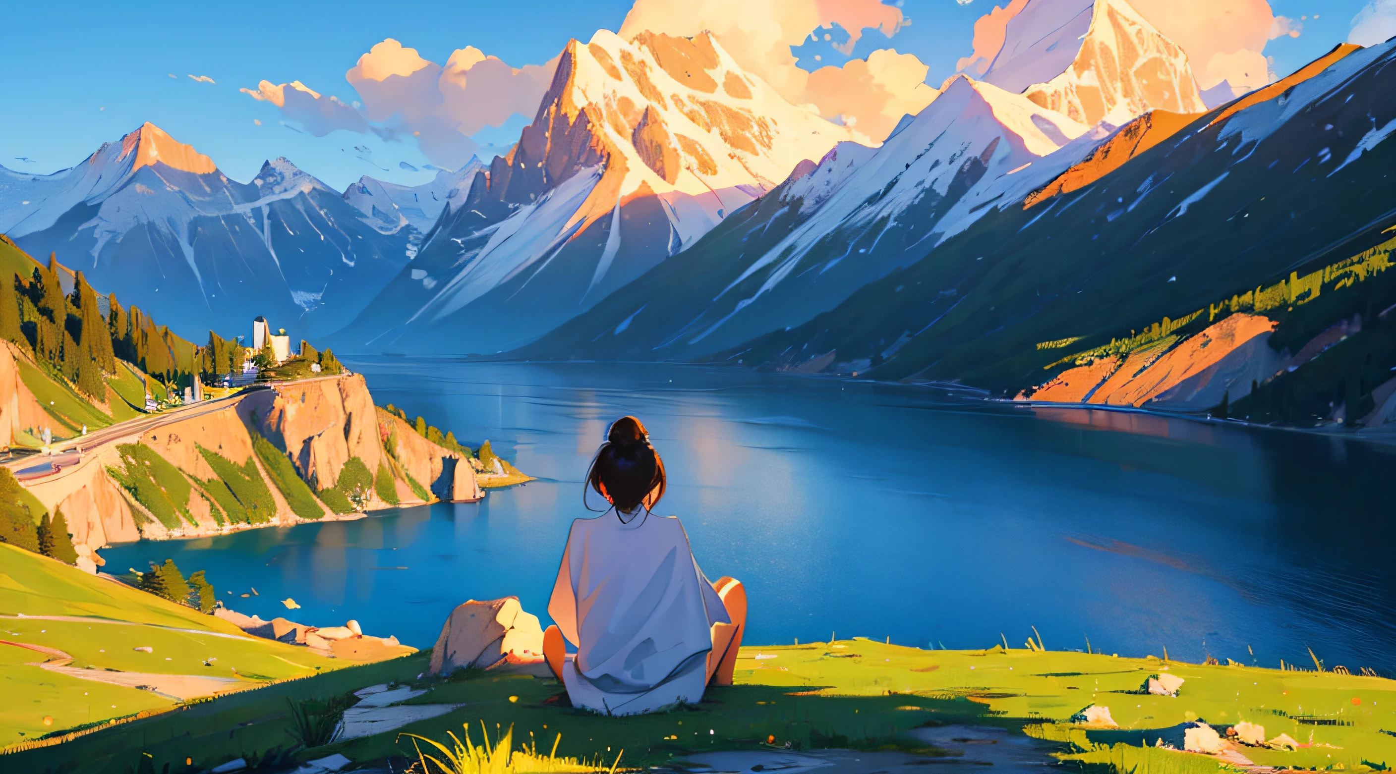 ((Masterpiece)), ((Best Quality)), A woman meditating on a mountaintop, symbolizing mental wellness and mindfulness.