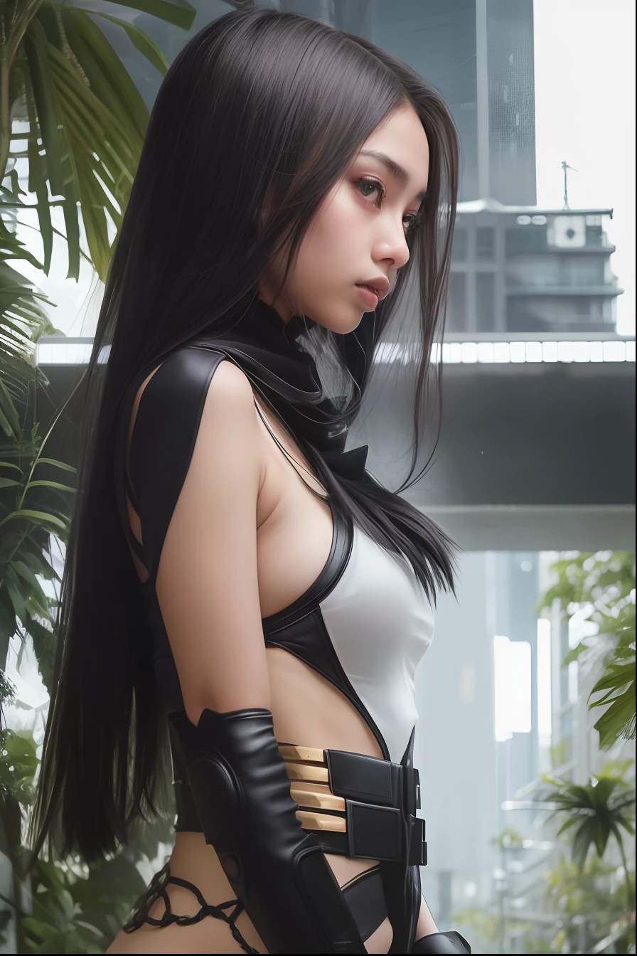 Create a high-quality portrait photograph of a young Malay girl in hijab, elegantly dressed in a cyberpunk-inspired outfit, set against the lush backdrop of a dense jungle. Capture her with exceptional detail in a half-body shot, highlighting the fusion of traditional and futuristic elements in her attire. Pay special attention to the contrast between the natural beauty of the jungle and the edgy, high-tech aspects of her cyberpunk style. This portrait should convey the harmony of these contrasting elements in a visually stunning and thought-provoking composition.
