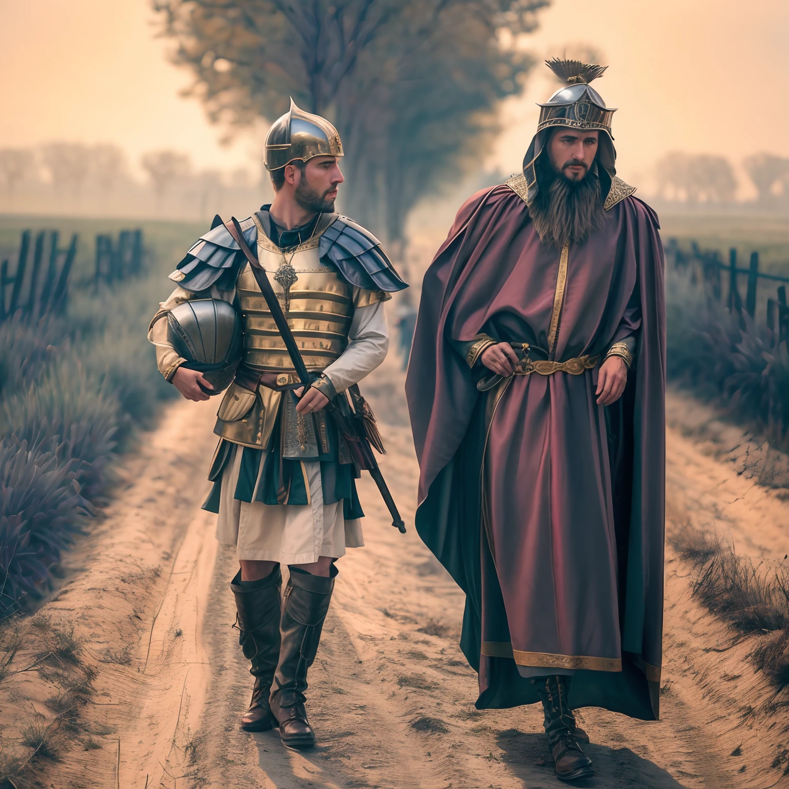 Two men dressed in medieval costumes standing on a dirt road, vestidos com roupas romanas, vestido com armadura romana, Petros e Leonid, Directed by: Alexander Fedosav, Directed by: Artur Tarnowski, inspirado em Roman Bezpalkiv, levando espartanos para a batalha, Directed by: Adam Marczyński, Directed by: Roman Bezpalkiv, biblical clothing, century Id.C, Biblical times, Roamano Empire, cinematic,foto realista