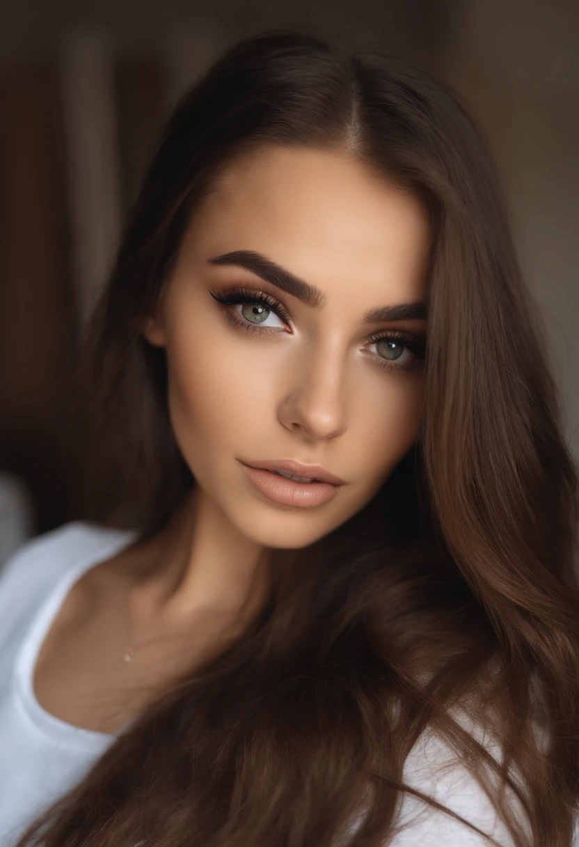 Arafed Mujer con camiseta sin mangas y bragas a juego, Chica sexy con ojos marrones, Retrato Sophie Mudd, brown hair and large eyes, selfie de una mujer joven, Ojos del dormitorio, Violeta Myers, sin maquillaje, Maquillaje natural, staring directly into camera, cara con artgram, maquillaje sutil, Impresionante foto de cuerpo completo, En el dormitorio, escote