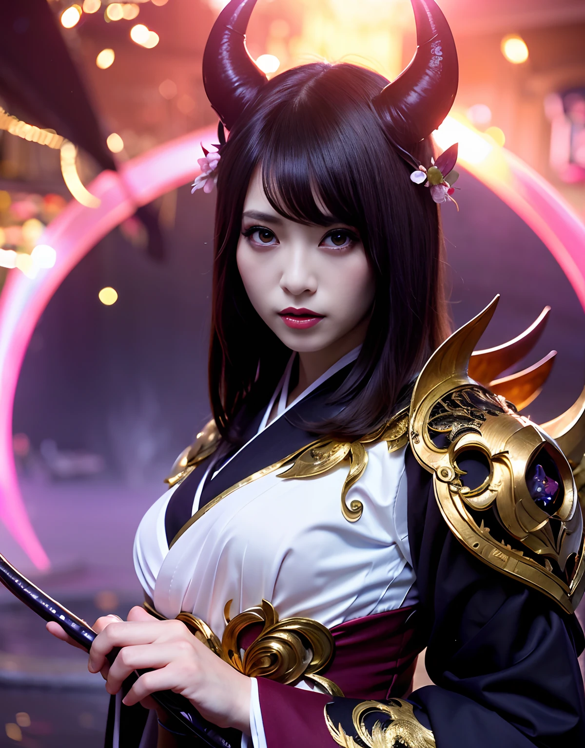 ((World of Darkness)),Professional , masterpiece、top-quality、photos realistic , depth of fields 、(sexypose)、(Background of cherry blossoms in full bloom),(Ultimate Beauty)、A dark-haired、()、(Kimono with beautiful pattern)、(Night background)、((a dark night)),(Wear a beautiful kimono),(Wear a beautiful kimono with colorful floral patterns)、Jewel Gold Weapon、Particles of light),(Has a devil's mask)、Gorgeous gold weapons ,(( Gorgeous Dragon Sword)) , (a dark night),,(maikurobikini) 、((Black Haired Beautiful Girl))、(Castle background)、(demonic wings)、((Gangle's forest background))、Beautiful Caucasian beauty、1a person、dynamic ungle,(((Two devil's horns on the head)))、Smaller head、Idle Smile、Thin and beautiful female hands、Mystical expression、Light Effects、intense fighting、Wind-effect、magic circles、With the legendary magic wand、Dragon's tail、