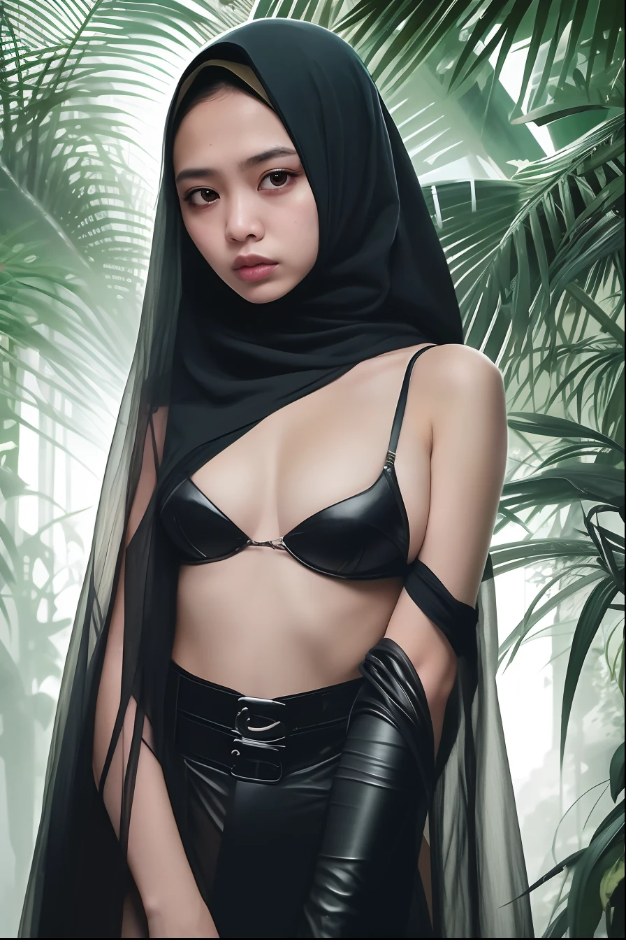 Create a high-quality portrait photograph of a young Malay girl in hijab, elegantly dressed in a cyberpunk-inspired outfit, set against the lush backdrop of a dense jungle. Capture her with exceptional detail in a half-body shot, highlighting the fusion of traditional and futuristic elements in her attire. Pay special attention to the contrast between the natural beauty of the jungle and the edgy, high-tech aspects of her cyberpunk style. This portrait should convey the harmony of these contrasting elements in a visually stunning and thought-provoking composition.