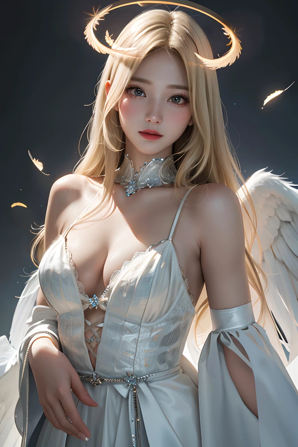 Best quality, masterpiece, ultra high res, (photorealistic: 1), in the dark, 1girl, solo, long blonde hair, angel halo, bright white skin, angelic, wings, feathers, deep shadow , sexy