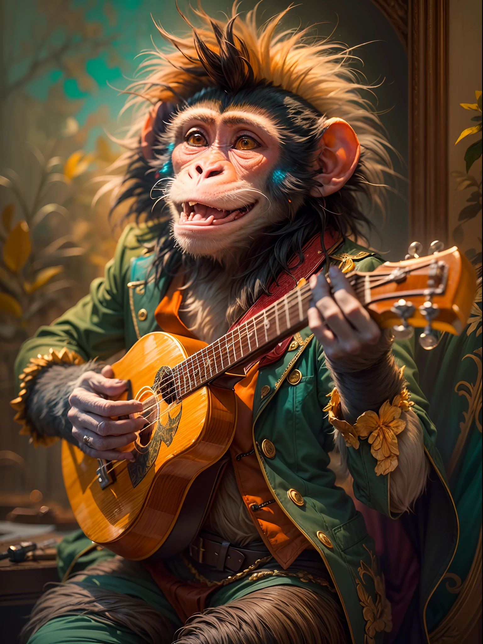 Image of a monkey dressed like a musician playing a luxury ukulele,detailed face and expression, furry hand, elegant posture, vibrant colors, classical music style, golden light, oil painting, rich textures, high-resolution masterpiece, artistic background scenery, detailed hair, amusing and joyful atmosphere, professional performance, harmonic composition, confident and passionate, audience applause.
