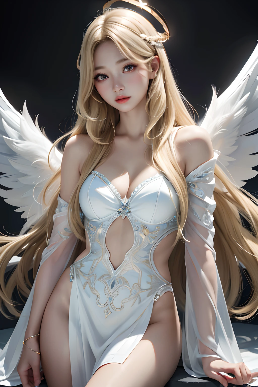 Best quality, masterpiece, ultra high res, (photorealistic: 1), in the dark, 1girl, solo, long blonde hair, angel halo, bright white skin, angelic, wings, feathers, deep shadow , sexy