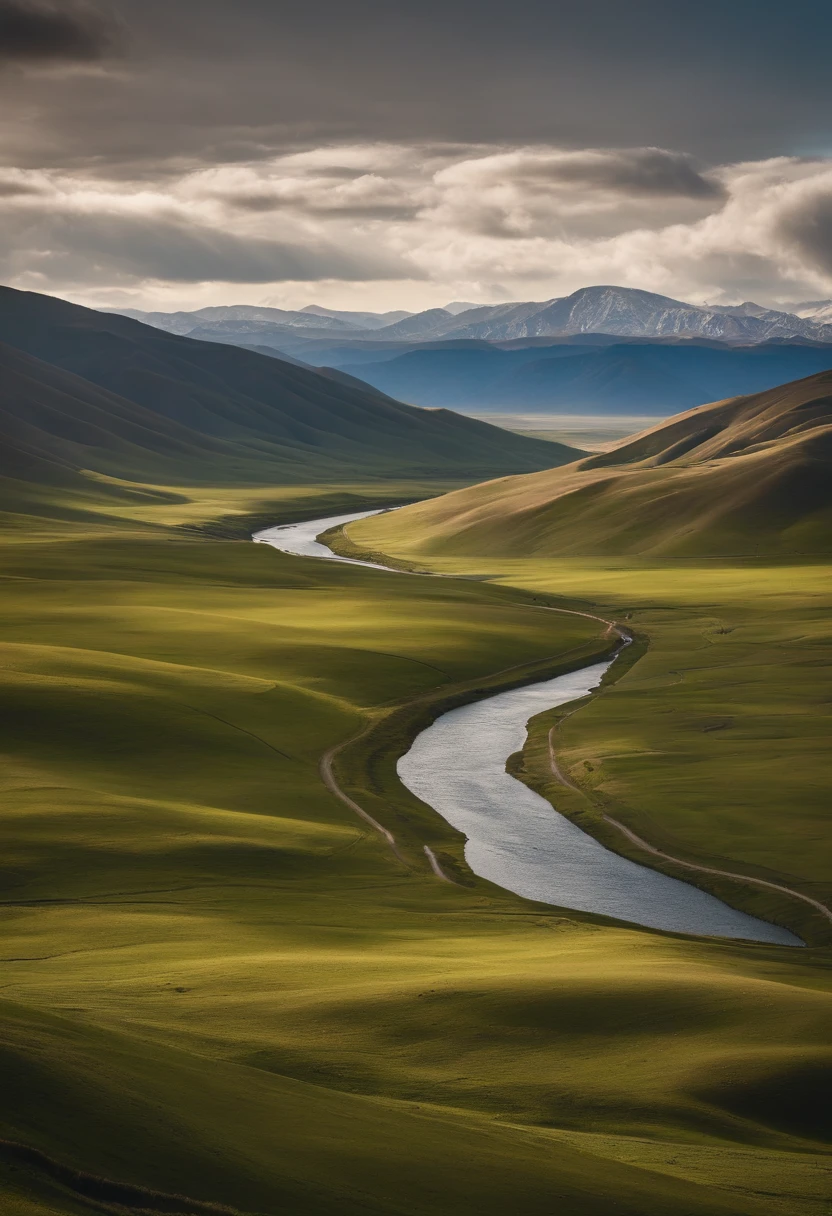 Aalfid view of the valley，A river runs through it, film Silk Road landscape, Stunning landscape, breathtaking landscape, Majestic nature, Mongolia, Landscape scenery, amazing landscape in background, Detailed scenery —width 672, grass mountain landscape, natural landscape beauty, beautifully lit landscape, stunning nature in background, serene vast landscape, Amazing landscape, very beautiful scenery