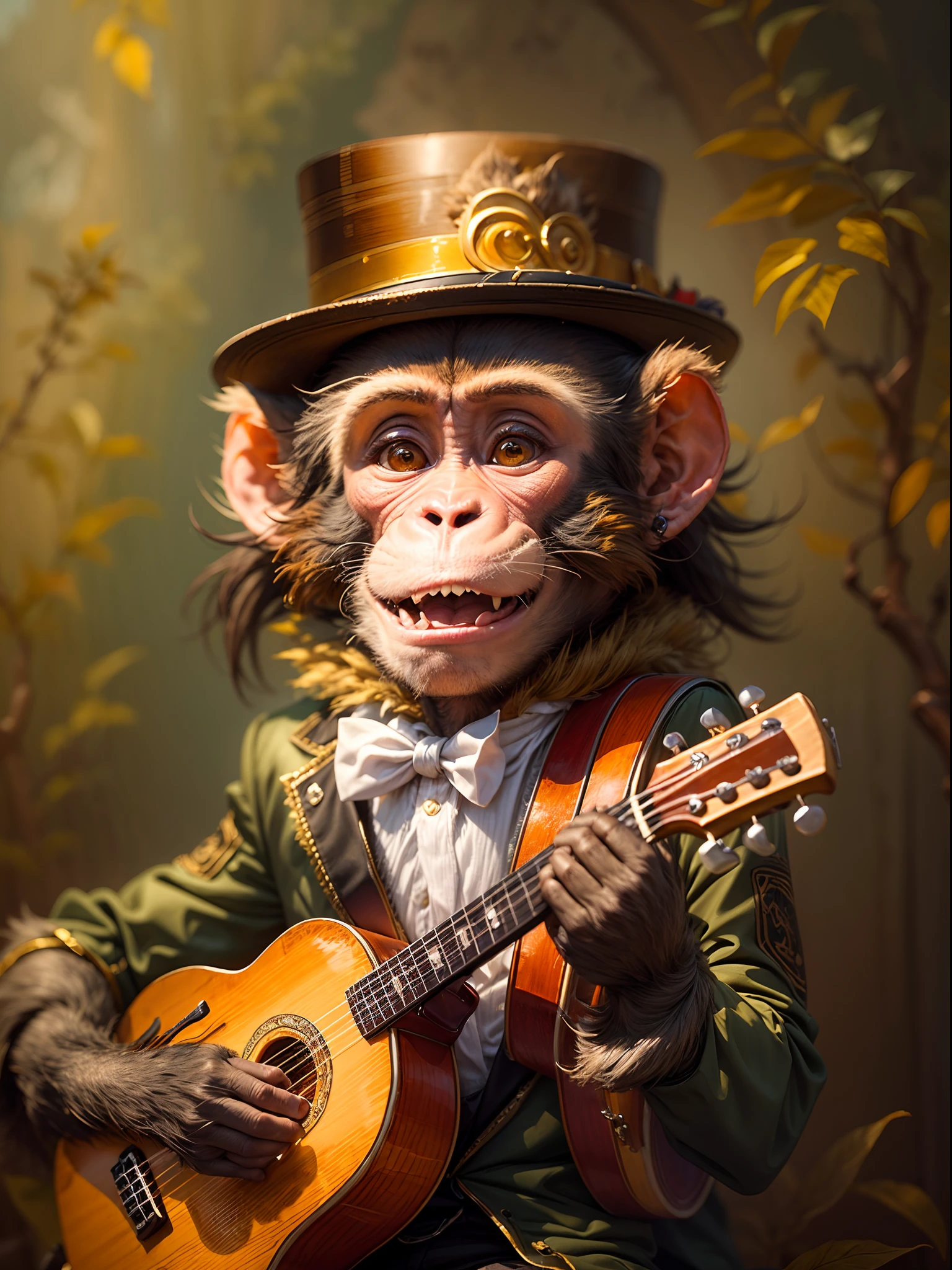Image of a monkey dressed like a musician playing a luxury ukulele,detailed face and expression, elegant posture, vibrant colors, classical music style, golden light, oil painting, rich textures, high-resolution masterpiece, artistic background scenery, detailed hair, amusing and joyful atmosphere, professional performance, harmonic composition, confident and passionate, audience applause.