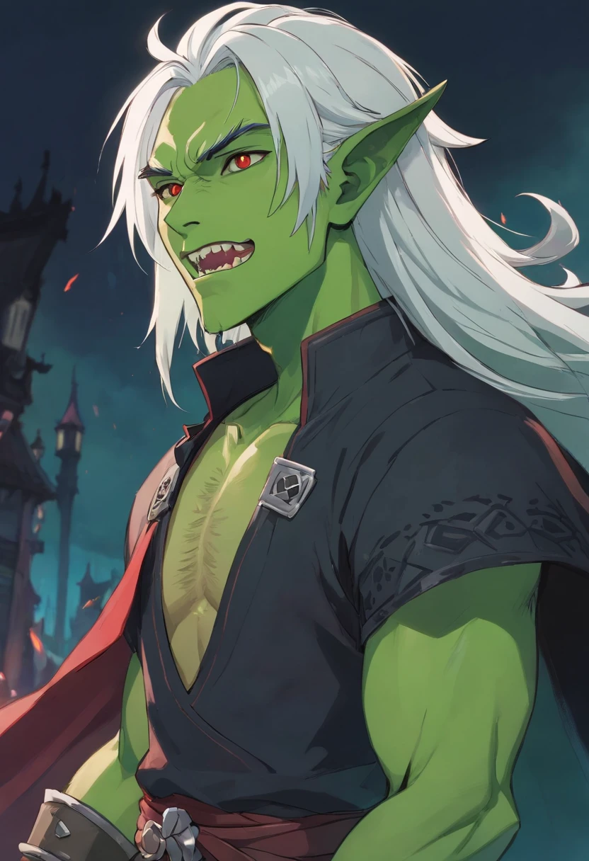 half orc, green skin, male, close up portrait, fantasy look, rpg character, medieval fantasy, white hair, red eyes, 1.90 height, muscolar, half-body shot, scars, ((Taper Haircut + Brushed Up man's hairstyle)), black boots, fullbody ((fullbody)), 40years, muscolar body, black outfits, ((black fantasy outfits)), ((deep green skin)), fangs, ((open mouth fangs))