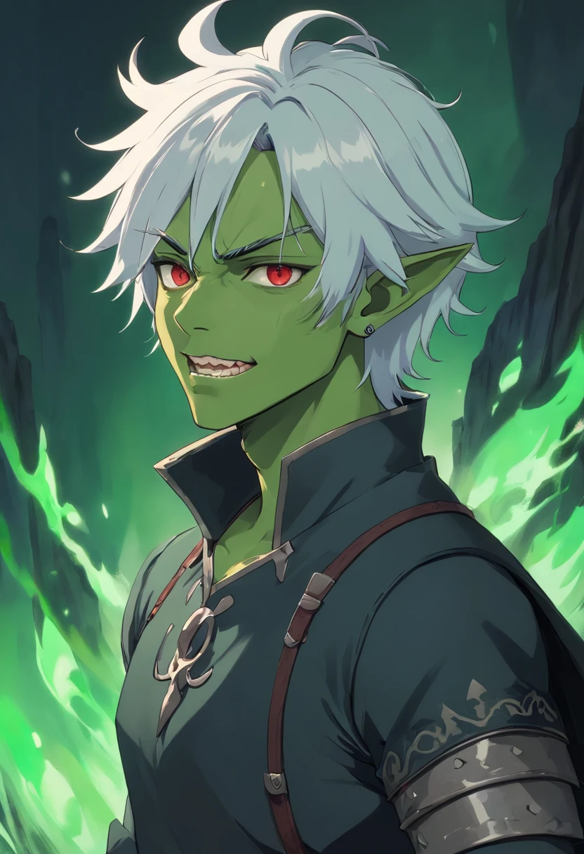 half orc, green skin, male, close up portrait, fantasy look, rpg character, medieval fantasy, white hair, red eyes, 1.90 height, muscolar, half-body shot, scars, ((Taper Haircut + Brushed Up man's hairstyle)), black boots, fullbody ((fullbody)), 40years, muscolar body, black outfits, ((black fantasy outfits)), ((deep green skin)), fangs, ((open mouth fangs))