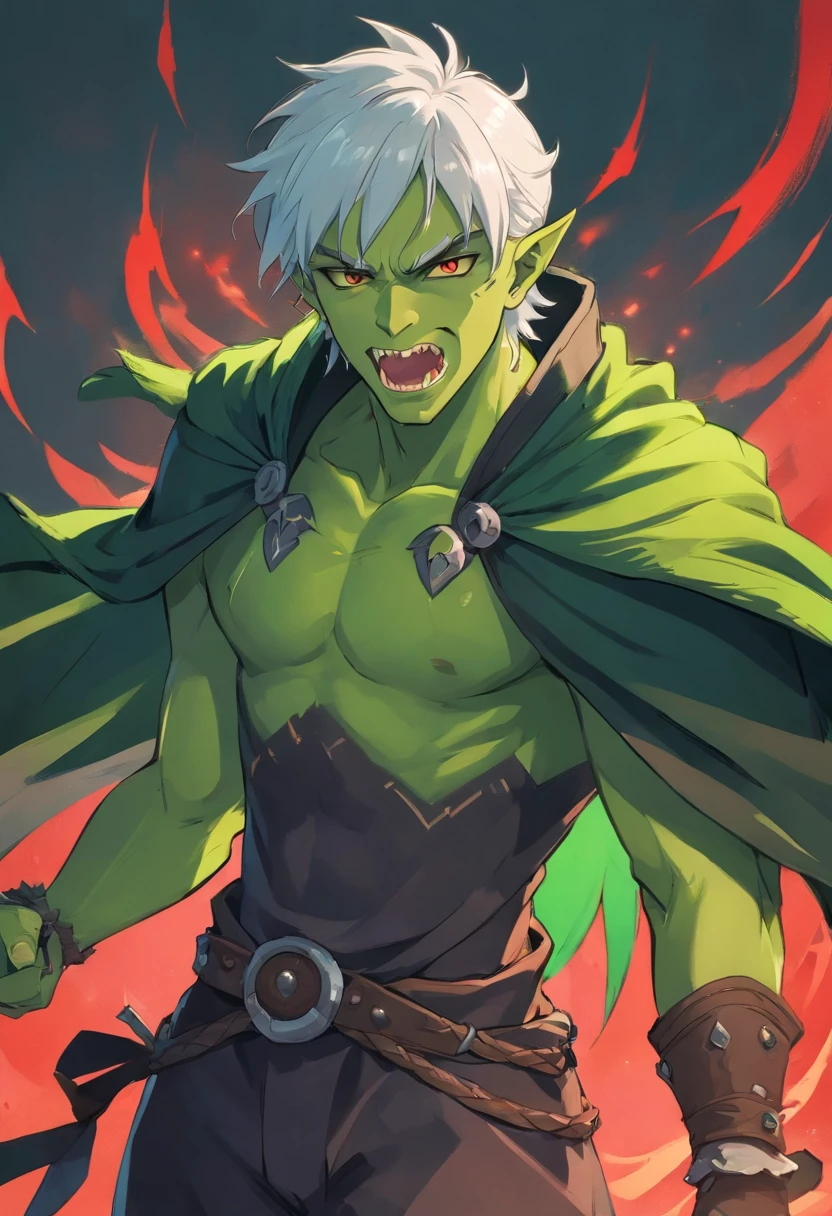 half orc, green skin, male, close up portrait, fantasy look, rpg character, medieval fantasy, white hair, red eyes, 1.90 height, muscolar, half-body shot, scars, ((Taper Haircut + Brushed Up man's hairstyle)), black boots, fullbody ((fullbody)), 40years, muscolar body, black outfits, ((black fantasy outfits)), ((deep green skin)), fangs, ((open mouth fangs))