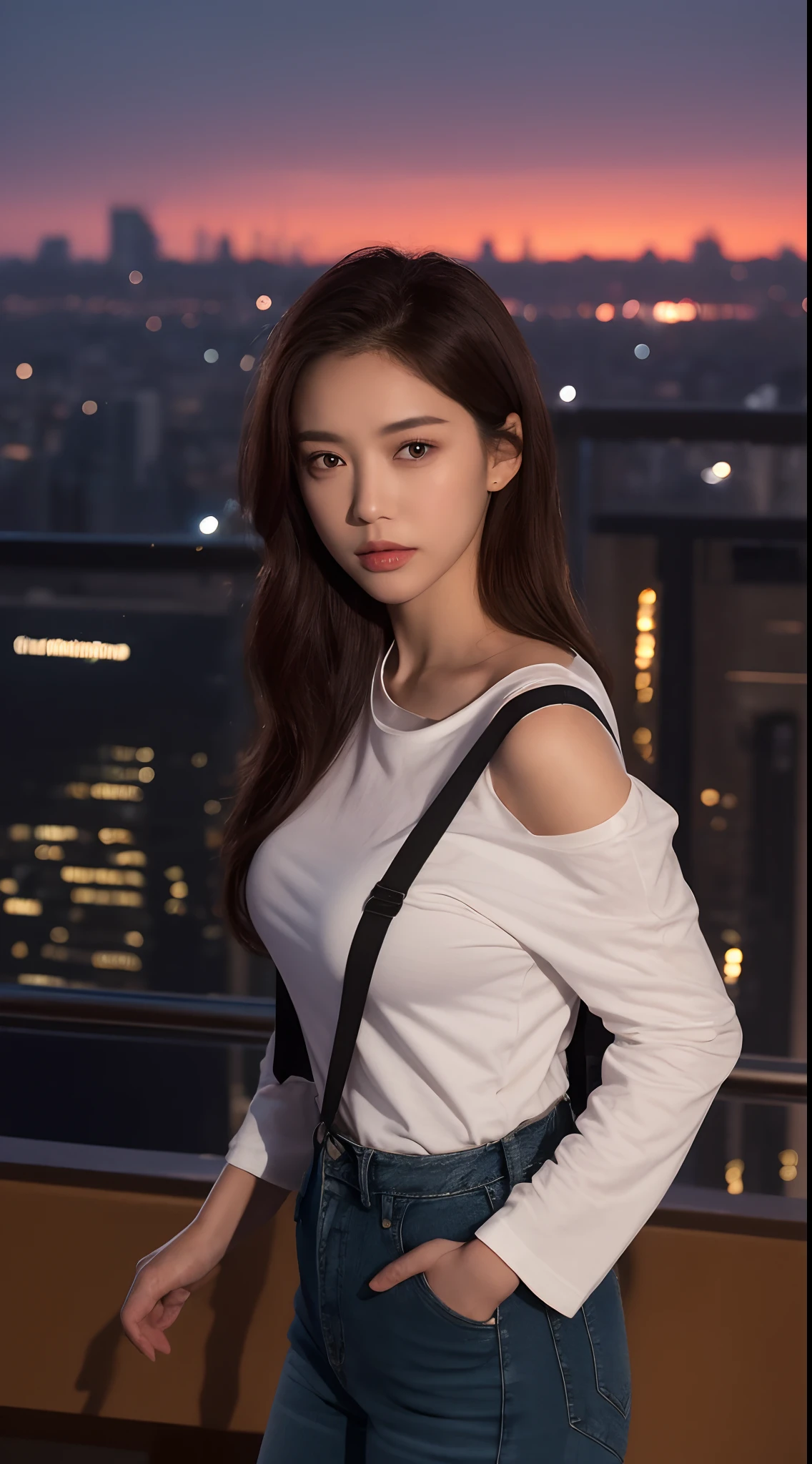 ((Midnight, Best quality, 8k, Masterpiece :1.3)), Whole body, Long legs, Sharp focus :1.2, A pretty woman with perfect figure :1.4, Slender abs :1.1, ((Dark brown hair, Big breasts :1.2)), (White tight tshirt, Jean bib, Standing:1.2), ((Night city view, Rooftop:1.3)), Highly detailed face and skin texture, Detailed eyes, Double eyelid, sunset, darken, backlit, off shoulder