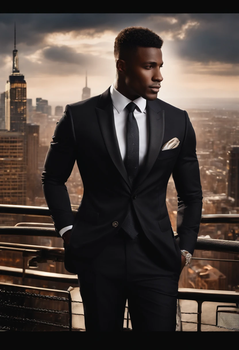 A man with a strong and confident presence, defined features, and a captivating gaze, [black skin] that exudes a rich and deep tone. He stands tall and proud, with a well-built physique. His hair is styled in a fashionable and unique way, adding to his overall charisma.

The man wears a stylish and impeccably tailored suit, [dark-colored] with a modern twist. The suit accentuates his masculine frame and speaks of his refined taste. The fabric has a luxurious texture, with subtle patterns that catch the light. Every detail, from the buttons to the stitching, is meticulously crafted.

The background showcases a bustling cityscape, with tall skyscrapers piercing through the clouds. The city lights illuminate the night sky, creating a dynamic and vibrant atmosphere. The urban setting symbolizes the man's ambition and success, hinting at a story of determination and accomplishment.

The overall image is of [photorealistic] quality, with sharp focus and attention to detail. The colors are rich and vivid, creating a visually striking composition. The lighting emphasizes the man's strong features, casting intriguing shadows that add depth to the scene.

This prompt aims to capture the essence of a confident and stylish black man, highlighting his individuality, strength, and success. It combines elements of fashion, urban lifestyle, and personal expression to create a compelling visual narrative. muscular black guy with a big, thick penis