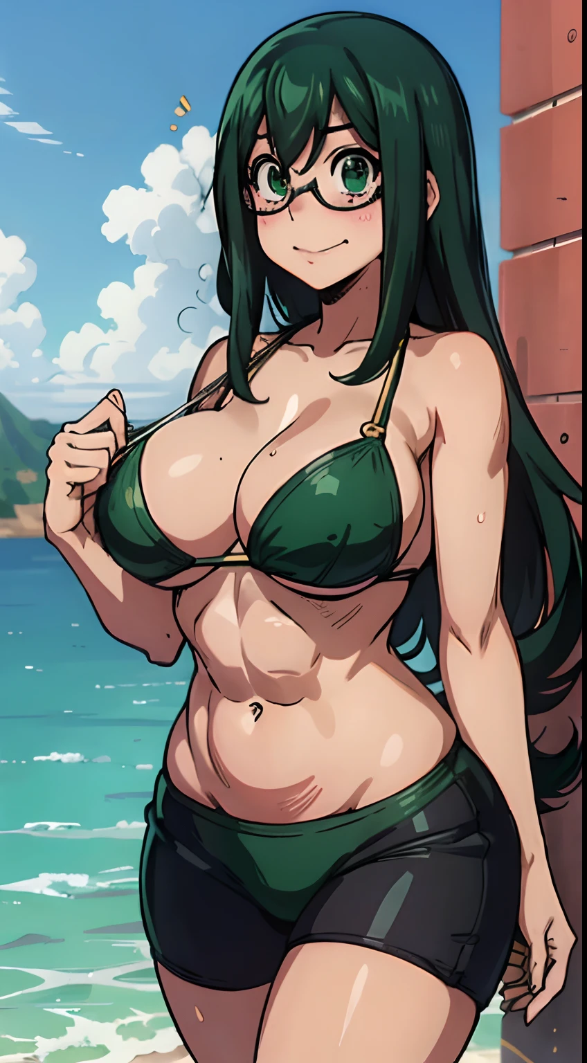 (melhor qualidade:1.3), Tsuyu Asui por boku no hero , (looking at the view), peituda, clivagem, sedutora, sexy, body curvy, bunda grande, peitos grande, (bikini) , ((belly showing)), ((defined abs))