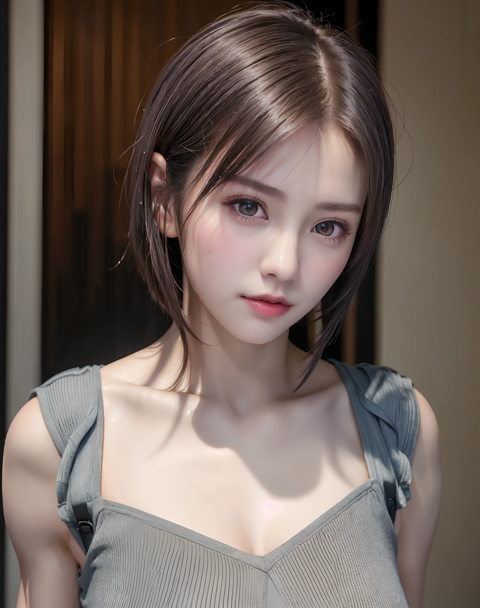 (8K, Photorealistic, Raw photo, of the highest quality: 1.3), (1girl in), Super beautiful, (Realistic face), (boyish, Silver Color Berry Shorthair), Beautiful , Glare that captivates viewers, Beautiful expression, Beautiful breasts, (Realistic skin), Beautiful...