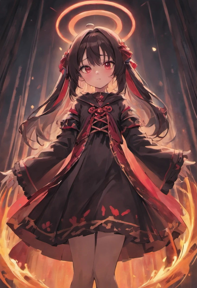 (SENSE OF CINEMA)Loli body type,Juvenile,Wear a wide and solemn robe,Long dark and silky hair,red - eyed, The main colors of the garment are black and crimson,timid, cat ear, effeminate, obedient ,Solemn,Religious dress in medieval style,The main color of the garment is black,adolable,sprout,petite,hooding
