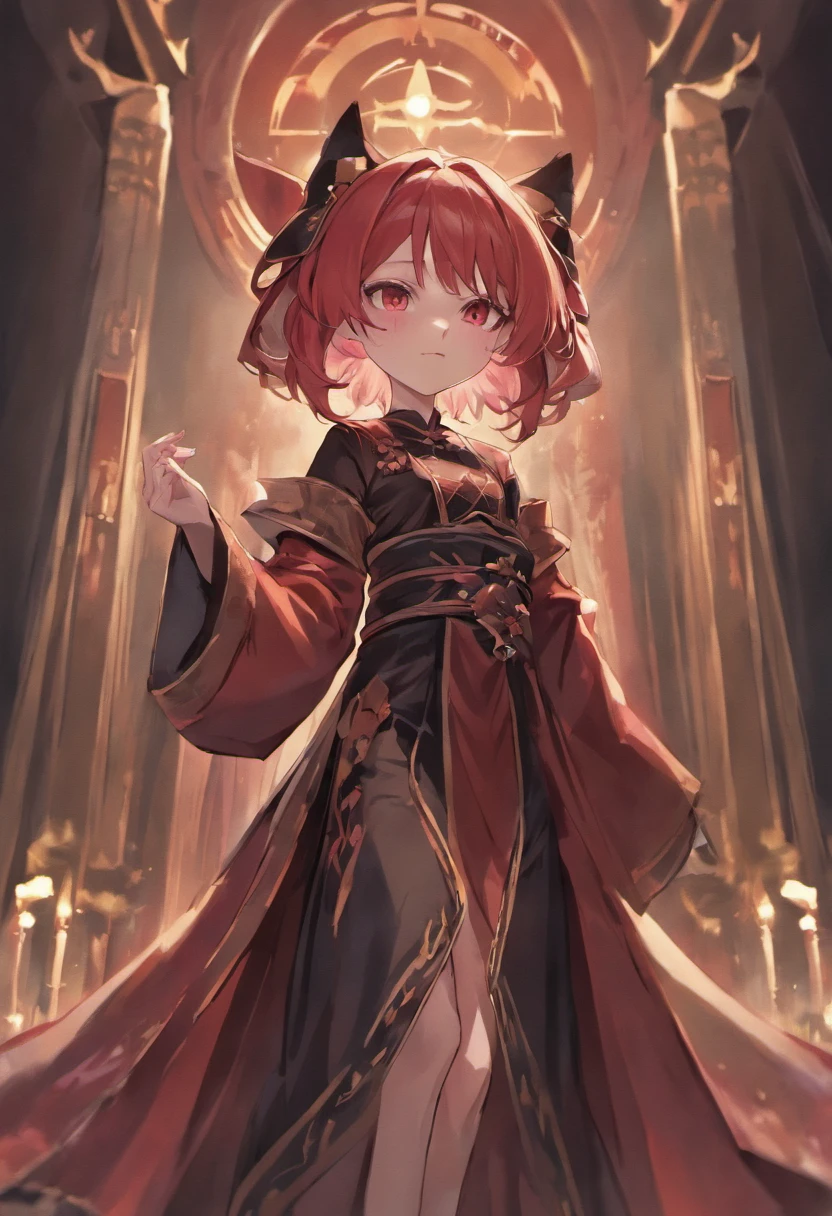 (SENSE OF CINEMA) body type,Juvenile,Wear a wide and solemn robe,Long dark and silky hair,red - eyed, The main colors of the garment are black and crimson,timid, cat ear, effeminate, obedient ,Solemn,Religious dress in medieval style,The main color of the garment is black,adolable,sprout,petite,hooding