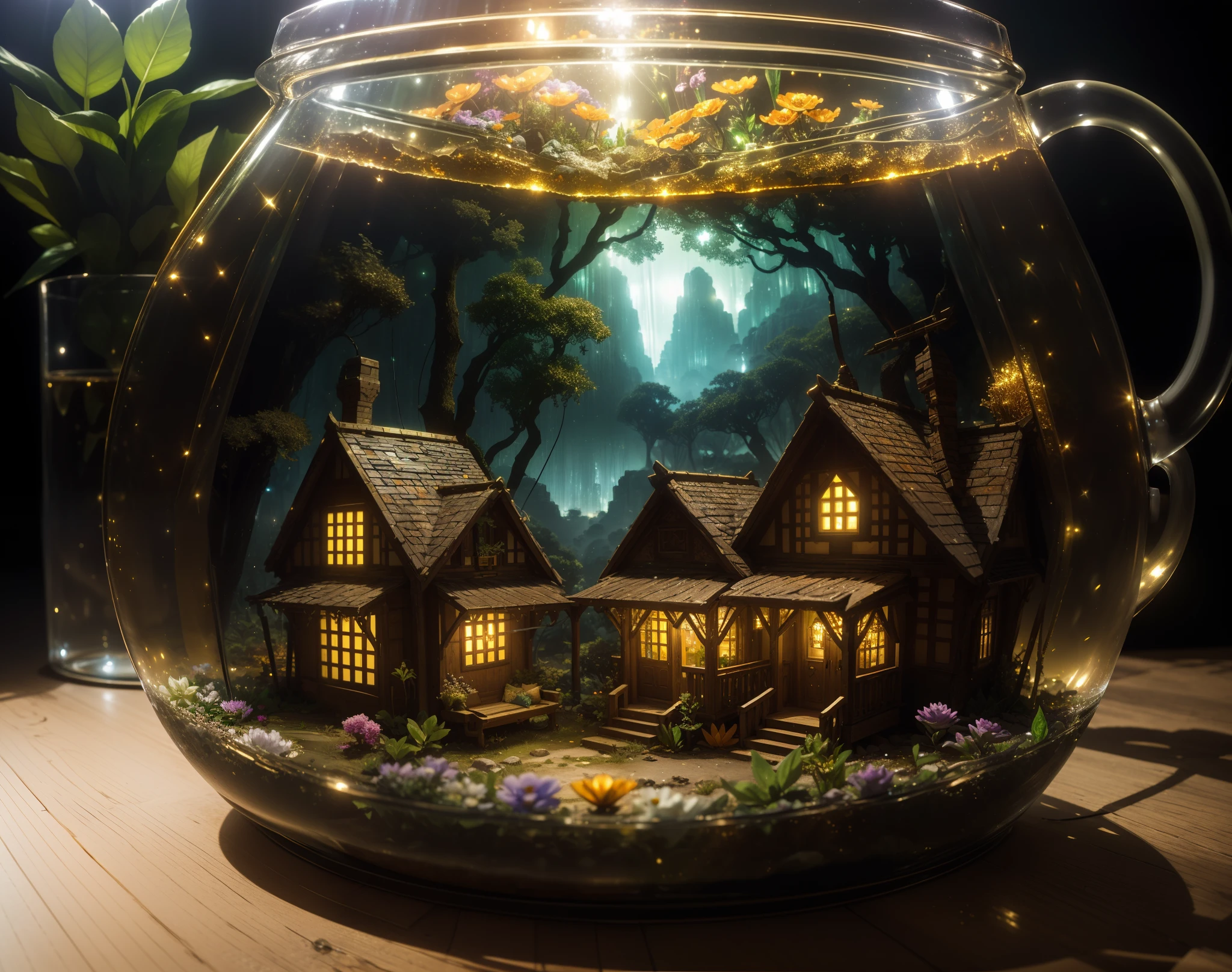 (concept art), (An intricate forest minitown, village, ((( landscape trapped in a glass rectangle ))) , biome, thick glass, weathered, atmospheric orange lighting, on the gold ornate table, 4k UHD, lighting vibes, hyper detailed, vibrant colours, epic composition, octane render, sharp focus, detailed, intricate, (reflections, refractions, caustics:0.6), (high resolution isometric), 8k, HDR, realistic:1.4,lighting led,dust gold , glitter, diamonds, sparkles,green lemon, flowers multicolor led lighting,Greg Rutkoski,yacek yerka, 3D, 64k