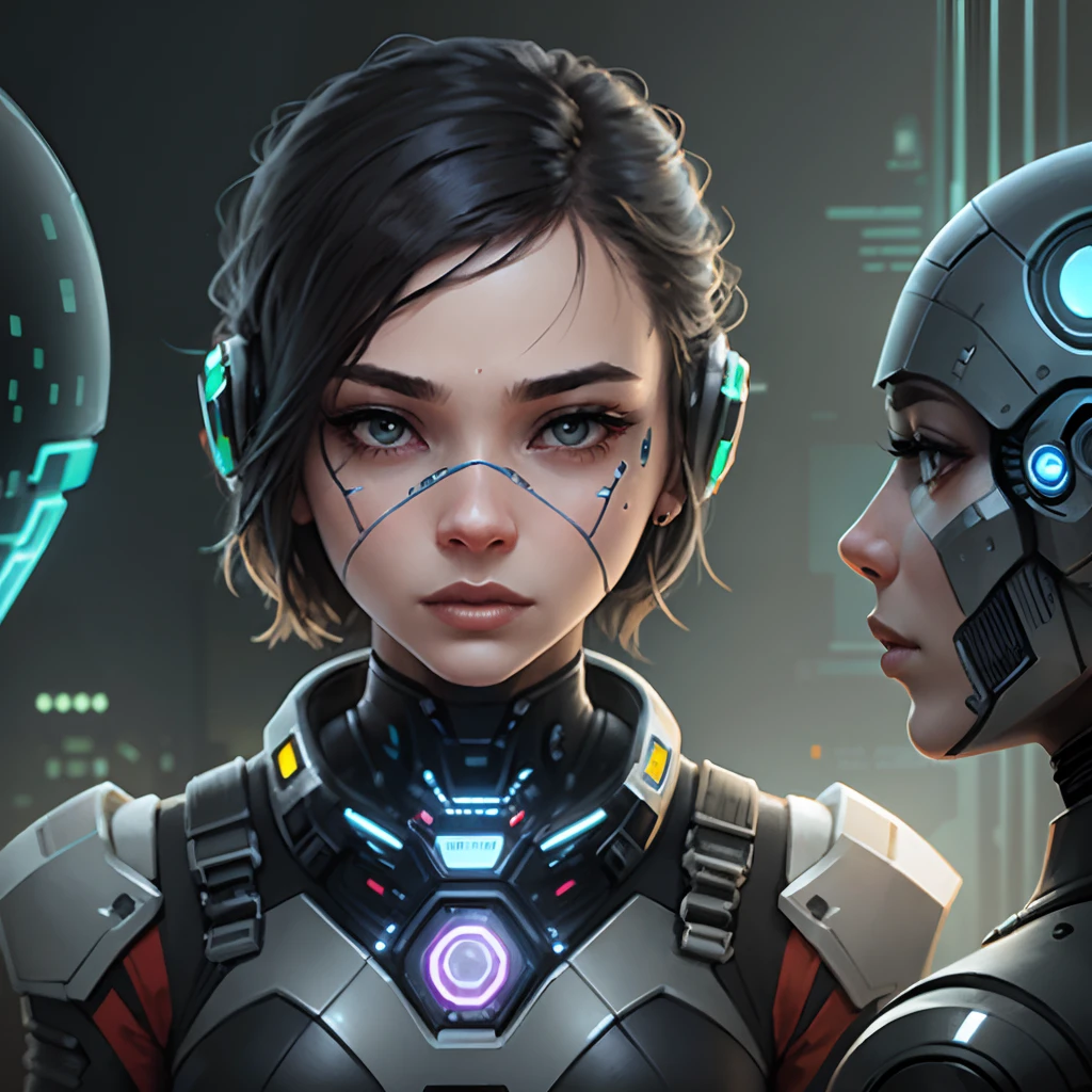 a woman looking at a robot's head, cyber background, beautiful avatar pictures, man and woman, connectedness, ad image, integrated synthetic android, intricate image, terminals, avatar image --auto --s2