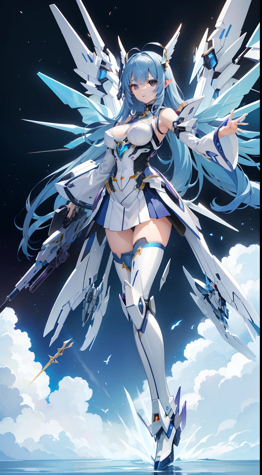 ((Tabletop)), ((Highest quality)), (Ultra-high resolution), Ultra-thin illustration, Highly detailed face, RAW Photos, Professional, Ultra-fine painting, Detailed metal texture, Detailed cloth texture, Perfect Anatomy, Genuine, (alone), ((Beautiful woman dressed as a Mecha angel)), Beautiful breasts, Concept Art, (Combat pose), Detailed science fantasy art, (Beautiful and shiny silver hair), ((Has large and beautiful sapphire blue Mechanical wings)), (Beautiful Blue Eyes), (Beautiful eyes in every detail:1.6), (Mecha:1.6)Sleek and intimidating design, (Action pose), (Pearl white and sapphire blue heavy weapon long-range attack weapon type armor dress is exclusive to Marshals), Starry Sky, Browsing Caution