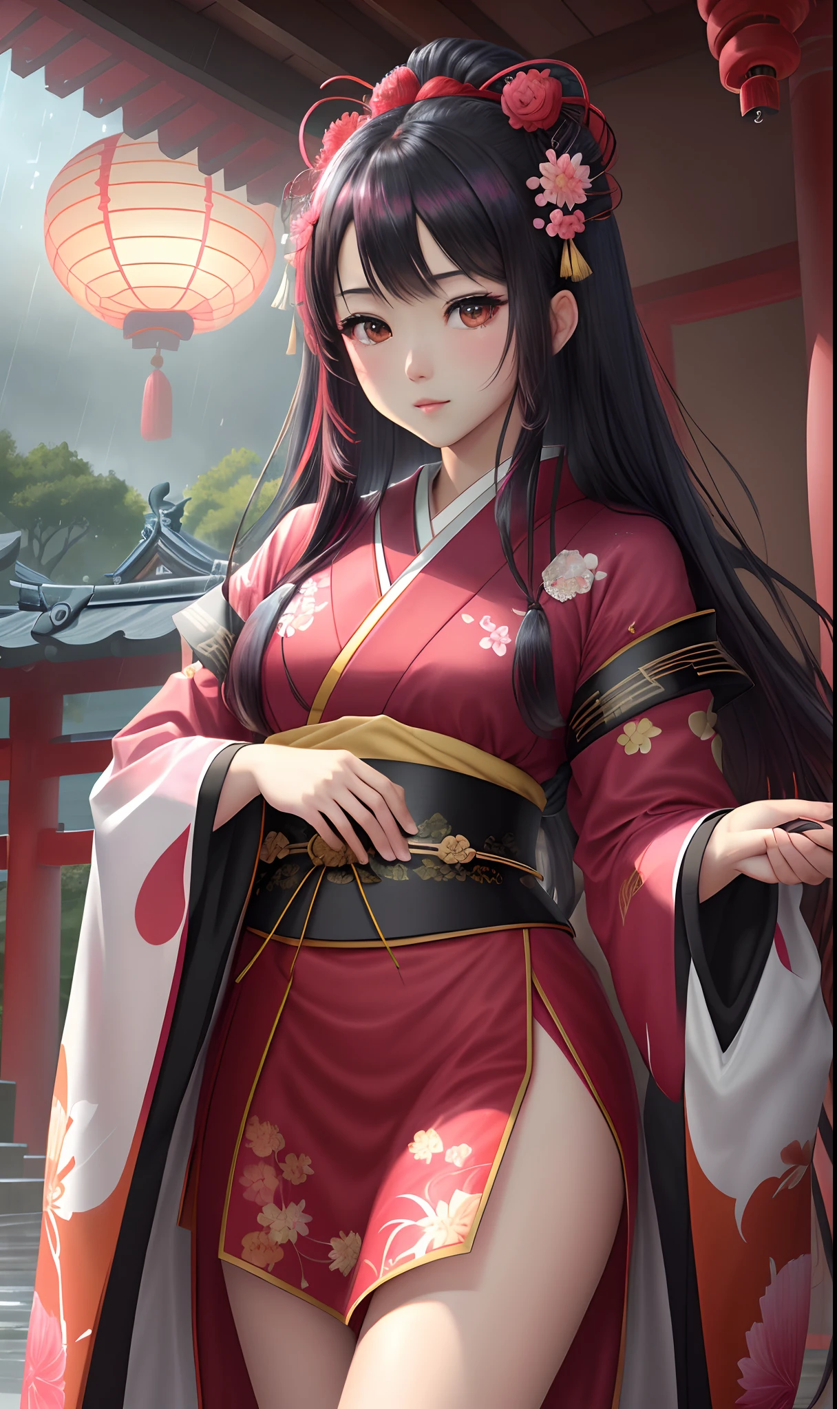 (8k, RAW photo: 1.2), best quality, ultra high resolution, dramatic angle, (splashes of detailed and vibrant colors), (illustration), (((1 Japanese girl)))), (dark pink long hair), (rain:0, 9), (hair ornament: 1.4), there is an ancient palace next to the girl, Chinese clothes, (focus on), colorful painting with ink, (splashes of colors), colored splashes, (((color))), (sketch: 0, 8),  Masterpiece, best quality, beautifully painted, highly detailed, (noise reduction: 0, 6), [paint splash], ((paint refraction)), (beautiful detailed sky), moon, highly detailed, (masterpiece, best quality, extremely detailed 8k CG unit wallpaper, masterpiece, best quality, ultra-detailed), (Lycoris radiata)