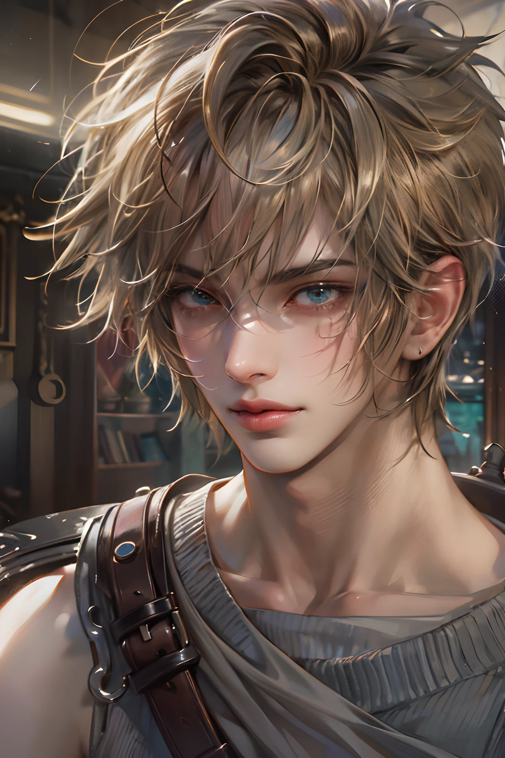 (absurdres, highres, ultra detailed, HDR), masterpiece, best quality, Final Fantasy 7, short hair, handsome face, anime eyes, detailed interior, detailed character