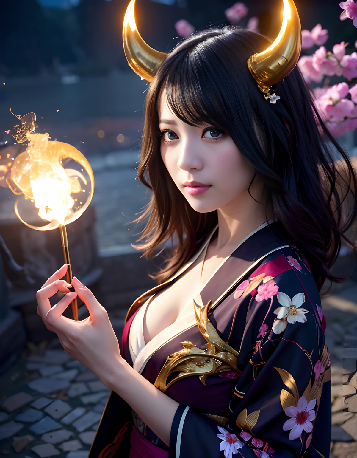 ((World of Darkness)),Professional , ​masterpiece、top-quality、photos realistic , depth of fields 、（pose）、(Background of cherry blossoms in full bloom),（Ultimate Beauty）、A dark-haired、（)、（Kimono with beautiful pattern）、（Night background）、（（a dark night））,(Wear a beautiful kimono),（Wear a beautiful kimono with colorful floral patterns）、Jewel Gold Weapon、Particles of light),（Has a devil's mask）、Gorgeous gold weapons ,（（ Gorgeous Dragon Sword）） , （a dark night）,,（maikurobikini） 、（（Black Haired Beautiful Girl））、（Castle background）、（demonic wings）、（（Gangle's forest background））、Beautiful Caucasian beauty、１a person、dynamic ungle,(((Two devil's horns on the head)))、Smaller head、Idle Smile、Thin and beautiful female hands、Mystical expression、Light Effects、intense fighting、Wind-effect、magic circles、With the legendary magic wand、Dragon's tail、