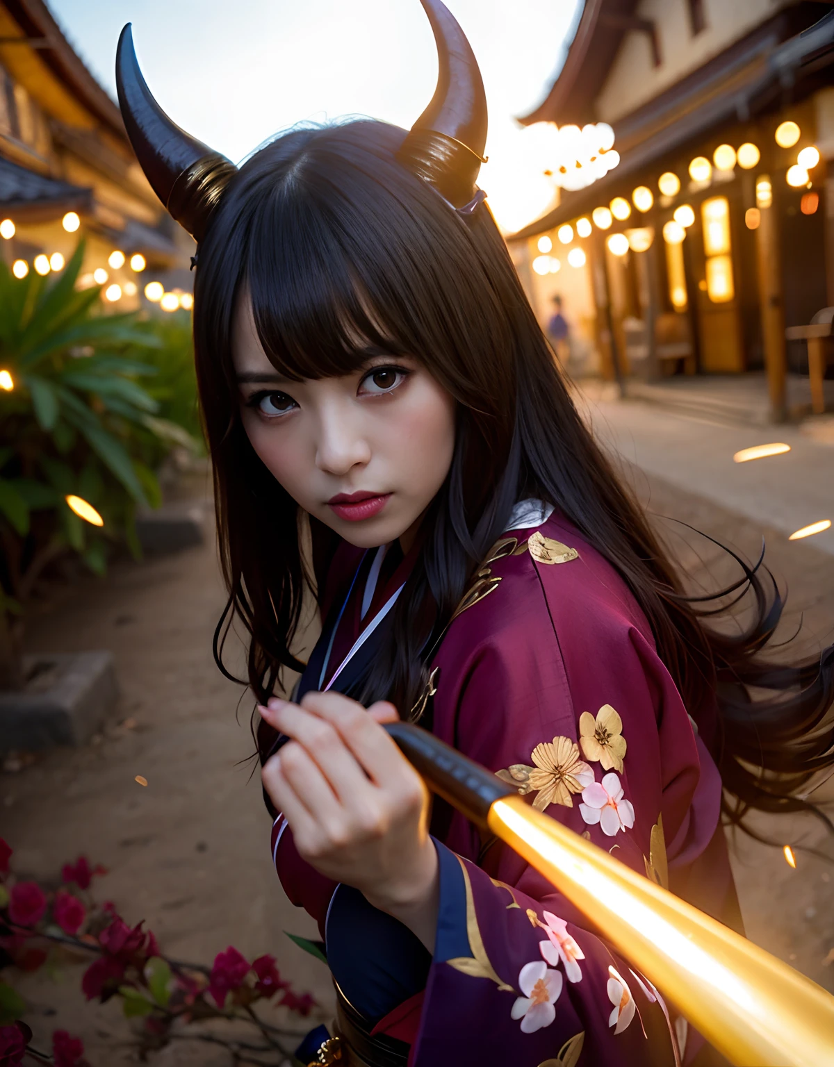 ((World of Darkness)),Professional , masterpiece、top-quality、photos realistic , depth of fields 、(sexypose)、(Background of cherry blossoms in full bloom),(Ultimate Beauty)、A dark-haired、()、(Kimono with beautiful pattern)、(Night background)、((a dark night)),(Wear a beautiful kimono),(Wear a beautiful kimono with colorful floral patterns)、Jewel Gold Weapon、Particles of light),(Has a devil's mask)、Gorgeous gold weapons ,(( Gorgeous Dragon Sword)) , (a dark night),,(maikurobikini) 、((Black Haired Beautiful Girl))、(Castle background)、(demonic wings)、((Gangle's forest background))、Beautiful Caucasian beauty、1a person、dynamic ungle,(((Two devil's horns on the head)))、Smaller head、Idle Smile、Thin and beautiful female hands、Mystical expression、Light Effects、intense fighting、Wind-effect、magic circles、With the legendary magic wand、Dragon's tail、