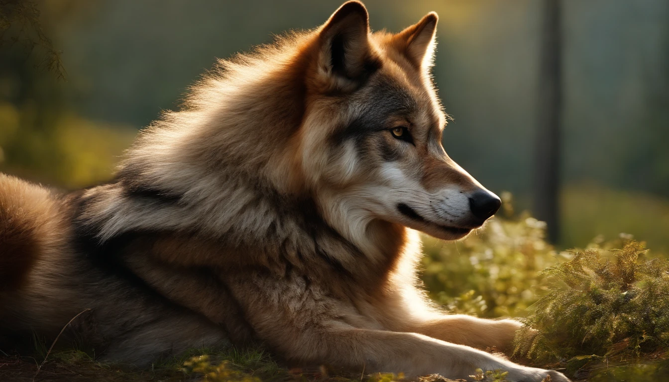 (Realistic, foto profissional:1.2), best quality, anthropomorphic wolf, (corpo peludo:1.2), pelo escuro detalhado, (pele detalhada:1.2), , Olhos detalhados, Cabelo preto bonito, selva densa, camisa