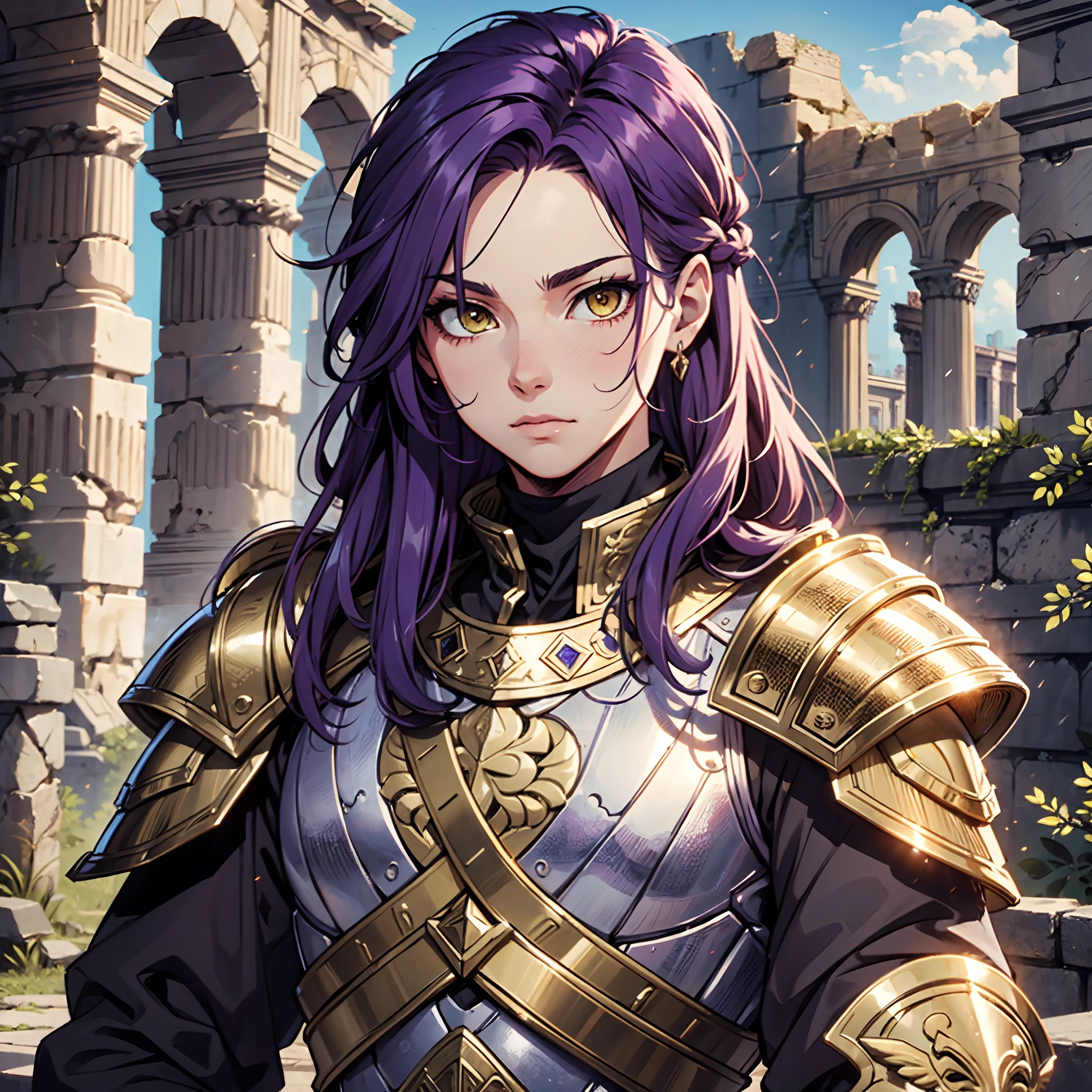 Ultra High Definition,
Ultra High Quality,
Hyper Definition,
Hyper Quality,
Hyper Detailed,
Extremely Detailed,
Perfectly Detailed,
8k,
1 Boy,
Long Purple Hair,
Under Cut Hairstyle,
Solid Yellow Eyes,
Handsome,
Armored With Roman Emperor Armor,
Ancient Roman Empire Ruins Background,