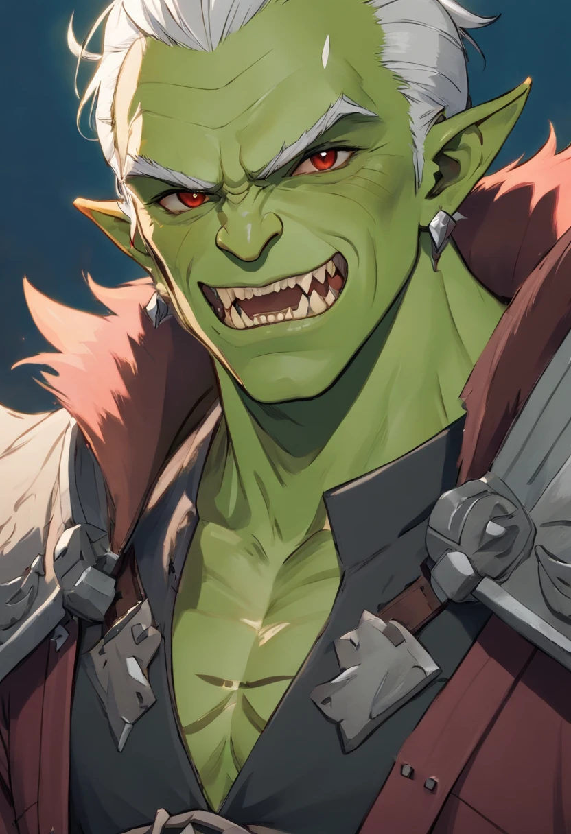 half orc, green skin, male, close up portrait, fantasy look, rpg character, medieval fantasy, white hair, red eyes, 1.90 height, muscolar, half-body shot, scars, ((Taper Haircut + Brushed Up man's hairstyle)), black boots, fullbody ((fullbody)), muscolar body, black outfits, ((black fantasy outfits)), ((deep green skin)), fangs, ((open mouth fangs)), ((high quality)), ((mature half-orc)), ((half-age))