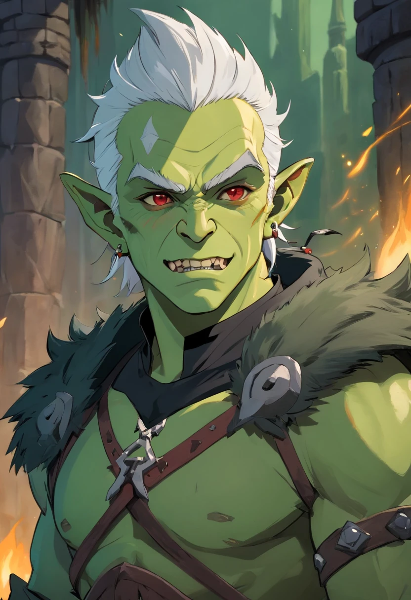 half orc, green skin, male, close up portrait, fantasy look, rpg character, medieval fantasy, white hair, red eyes, 1.90 height, muscolar, half-body shot, scars, ((Taper Haircut + Brushed Up man's hairstyle)), black boots, fullbody ((fullbody)), muscolar body, black outfits, ((black fantasy outfits)), ((deep green skin)), fangs, ((open mouth fangs)), ((high quality)), ((mature half-orc)), ((half-age))