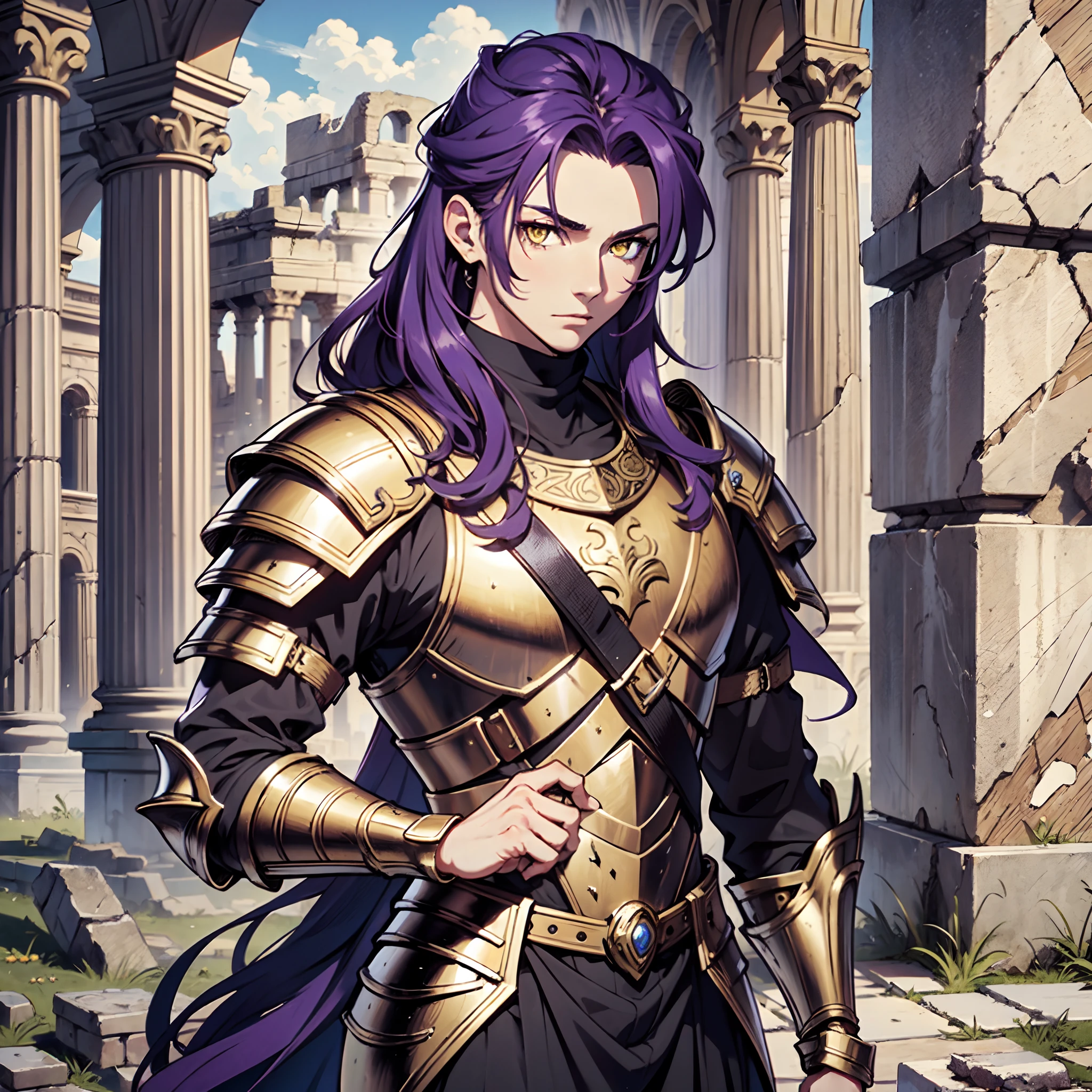 Ultra High Definition,
Ultra High Quality,
Hyper Definition,
Hyper Quality,
Hyper Detailed,
Extremely Detailed,
Perfectly Detailed,
8k,
1 Boy,
Long Purple Hair,
Under Cut Hairstyle,
Solid Yellow Eyes,
Handsome,
Armored With Roman Emperor Armor,
Ancient Roman Empire Ruins Background,