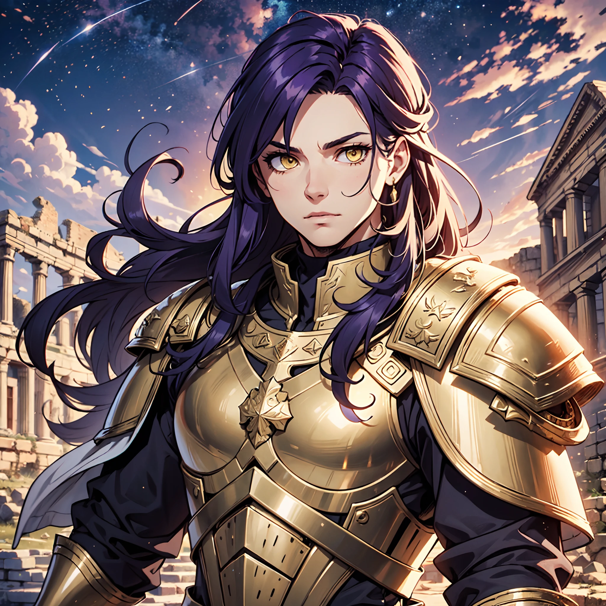 Ultra High Definition,
Ultra High Quality,
Hyper Definition,
Hyper Quality,
Hyper Detailed,
Extremely Detailed,
Perfectly Detailed,
8k,
1 Boy,
Long Purple Hair,
Under Cut Hairstyle,
Solid Yellow Eyes,
Handsome,
Armored With Roman Emperor Armor,
Ancient Roman Empire Ruins Background,