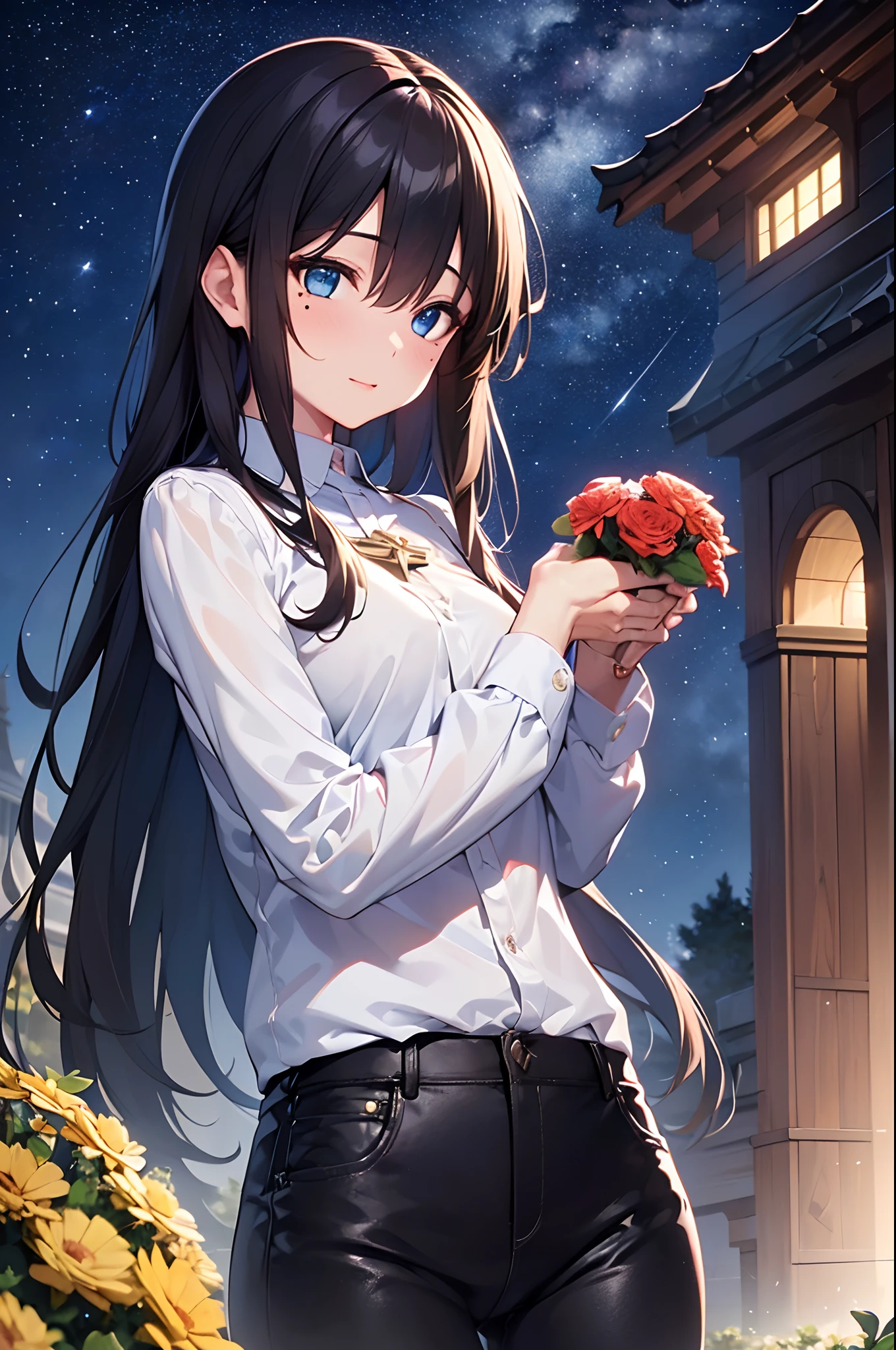 (Girl with a nasty appearance:1.3)、(sacred place:1.5)、(and chest:1.4)、Raw photography, top-quality, hight resolution, (masterpiece), (Photorealsitic:1.4), (Mole under the eyes),Anime Cosplay, foco nítido, nffsw, 8K分辨率, intricate detailes, depth of fields, the Extremely Detailed CG Unity 8K Wallpapers, front lit, femele,25-years old、 Happy face、(Odango Hair:1.5)、(A big bouquet in his hands:1.5)、see -through、(Medium gold hair)、blue eyess,(Stars in the eyes:1.5)、(Bright colored shirt and black skinny pants:1.3)、(Shining starry sky:1.4)