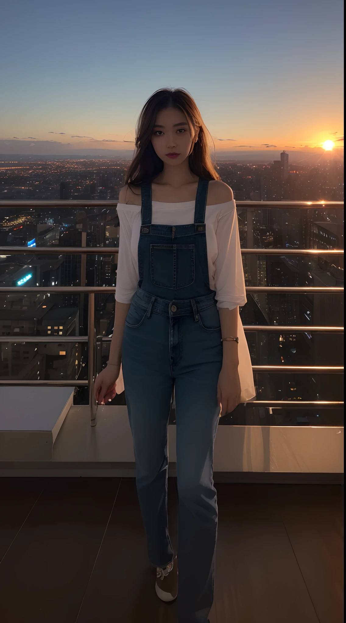 ((Midnight, Best quality, 8k, Masterpiece :1.3)), Whole body, Long legs, Sharp focus :1.2, A pretty woman with perfect figure :1.4, Slender abs :1.1, ((Dark brown hair, Big breasts :1.2)), (White tight tshirt, Jean bib, Standing:1.2), ((Night city view, Rooftop:1.3)), Highly detailed face and skin texture, Detailed eyes, Double eyelid, sunset, darken, backlit, off shoulder