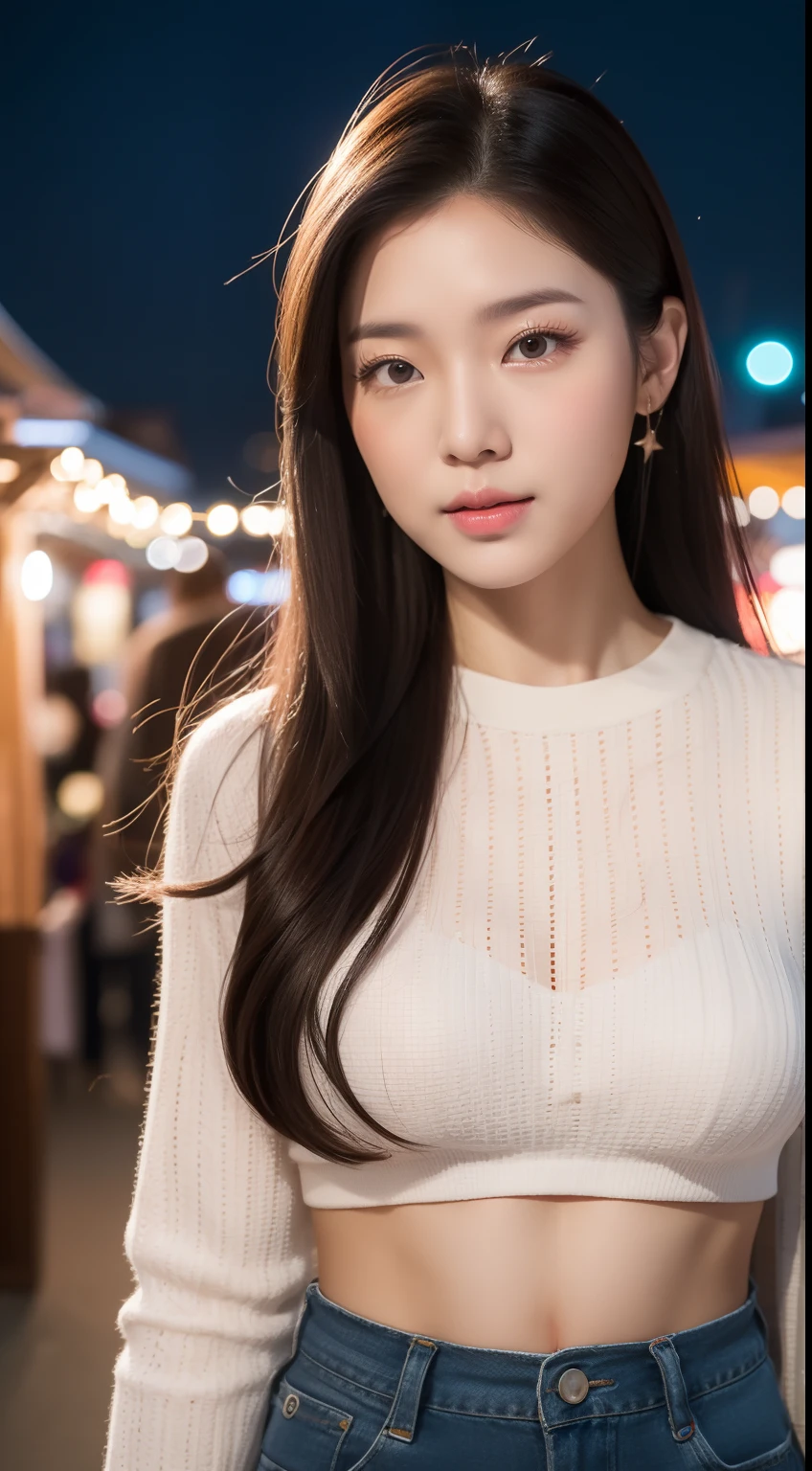 realistic photos of 1 cute Korean star, hair pulled back, white skin, thin makeup, 32 inch breasts size, wearing long sleeves crop top, at floating market, night, upper body portrait, dithering, UHD