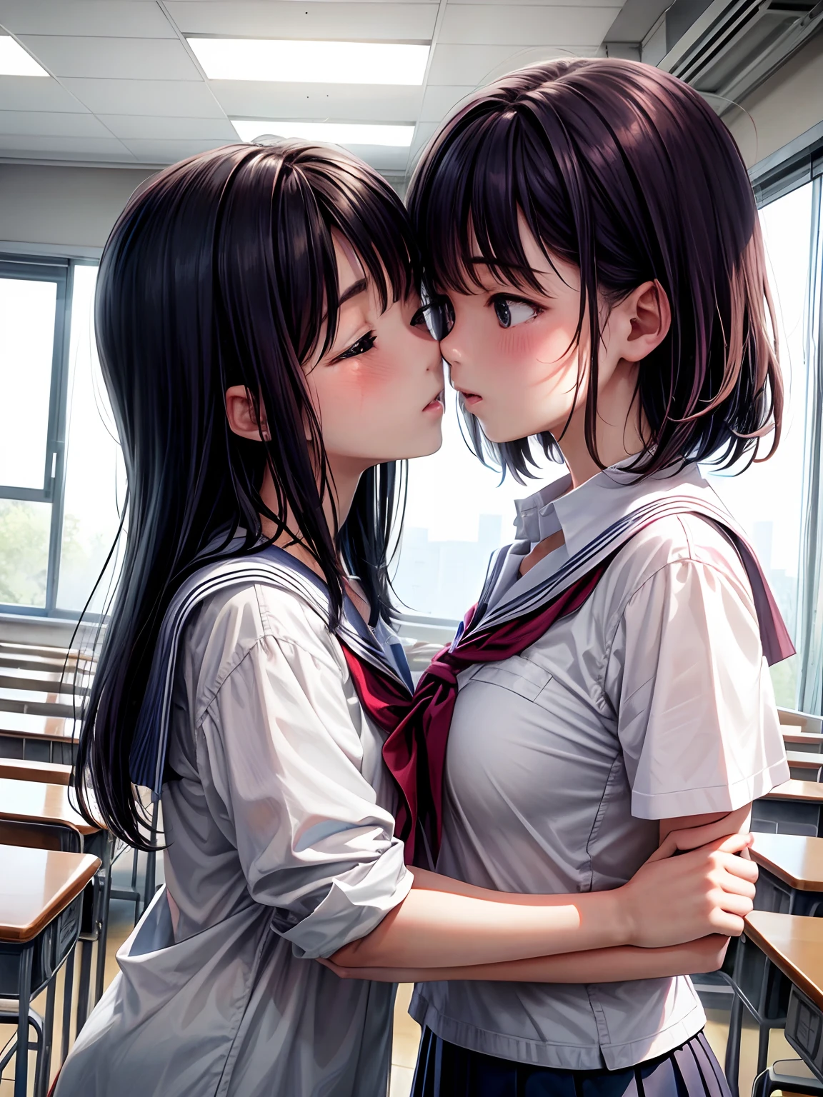 Brown hair、Brown-eyed、Open mouth, (blush, Shy, Saliva, Tongue out),  Anime style, Textured skin, high details, 全身エスlesbian，Lusting，((Drooling))，nakeness，raise leg、erotick、2((((hi-school girl))))、sexual act、Lesbian Play、(((Licking the body、licking girls crotch)))、((lesbian))、((holding each other))、(((Kiss the breasts)))、(((Touching your)))Kiss me on the lips