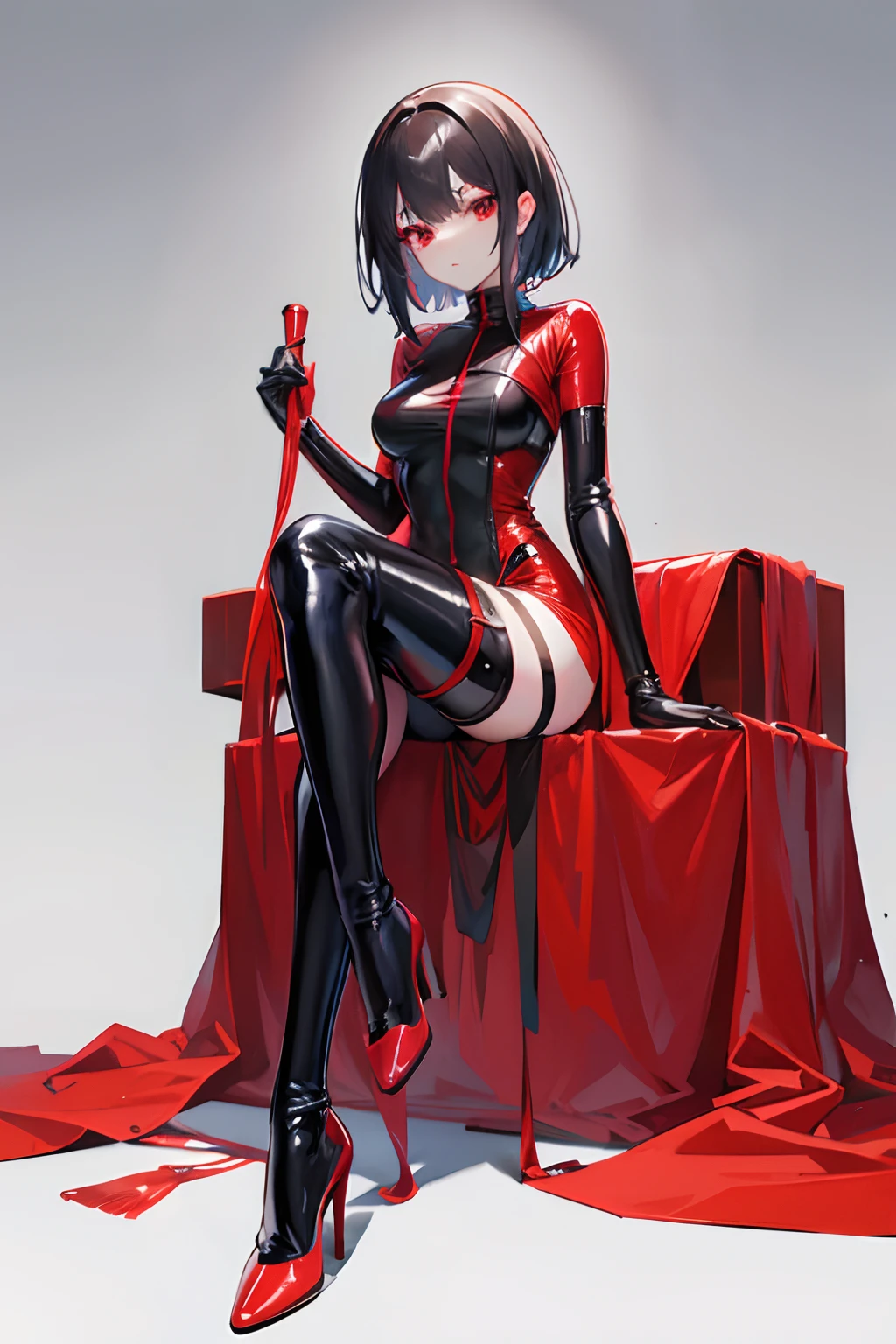 2D, masutepiece, Best Quality, Anime, Highly detailed face, Highly detailed eyes, Highly detailed background, Perfect Lighting, 1girl in, Solo, Full body, red eyes, sit cross-legged, latex legwear, latex suits, black medium hair, high heels, whip in hand